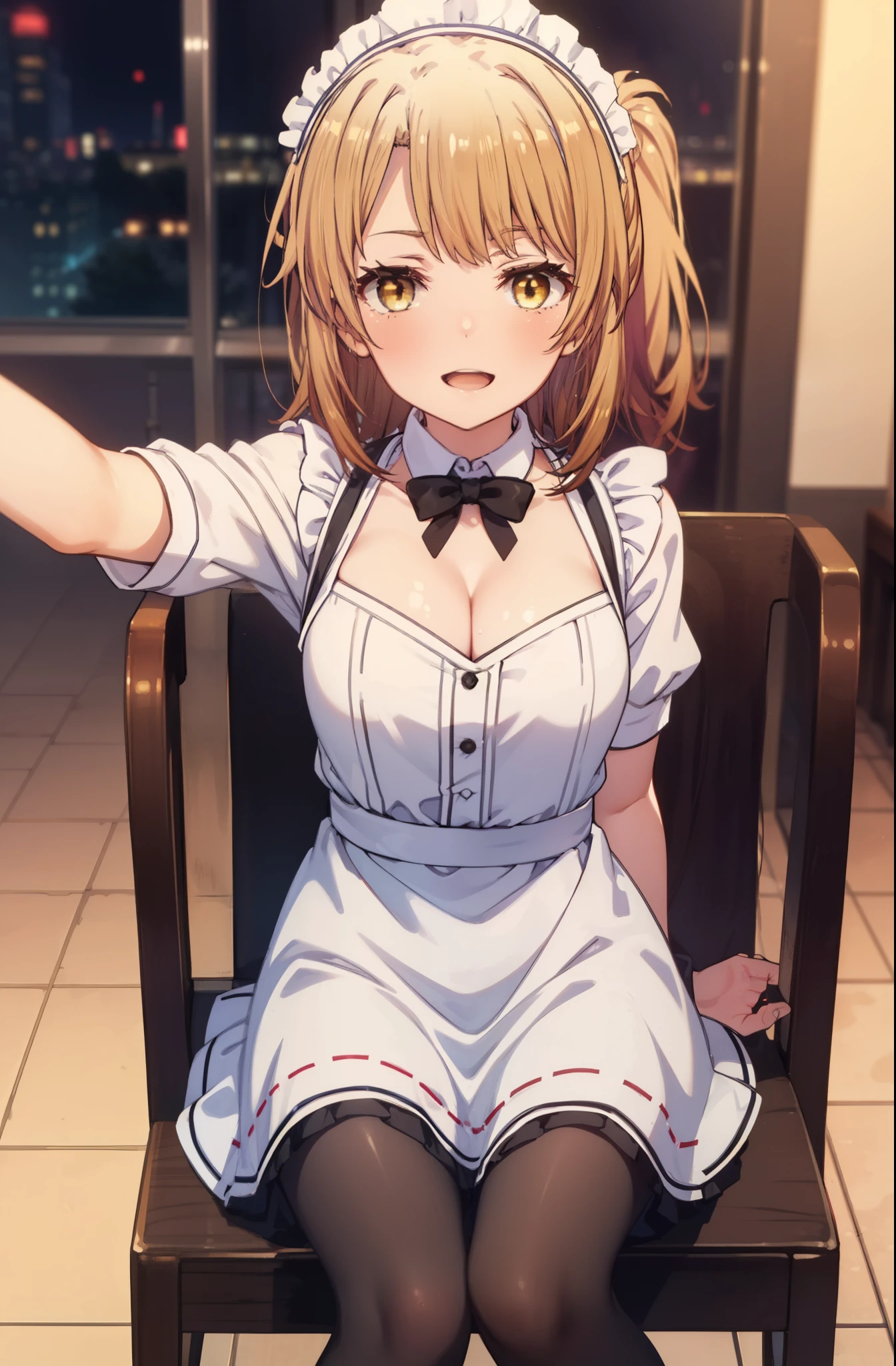 irohaisshiki, iroha isshiki, long hair, brown hair, (brown eyes:1.5), Take a selfie from above your head,with left hand, He opened the collar of his shirt to show his cleavage..,smile, smile, open your mouth,short braided hair,ponytail,blush,smile,Maid clothes,Medium chest,she was wearing a miniskirt, black pantyhose, sitting cross-legged on a chair,So that the whole body is included in the illustration,
break indoors, coffee shop,
break looking at viewer,
break (masterpiece:1.2), highest quality, High resolution, unity 8k wallpaper, (shape:0.8), (fine and beautiful eyes:1.6), highly detailed face, perfect lighting, Very detailed CG, (perfect hands, perfect anatomy),