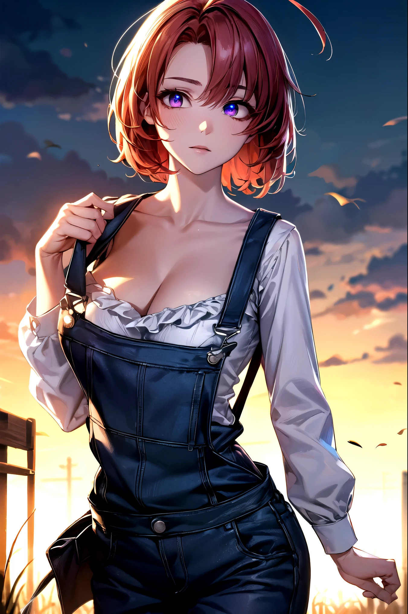 Cowgirl, cowgirl, Ahoge, redhead, (purple eyes:1.1), short hair,
break cleavage, clavicle, frills, long sleeve, overalls, suspenders,,
break looking at viewer, full body, Upper body, (cowboy shot:1.5),
break outdoors, farm,
break (masterpiece:1.2), highest quality, High resolution, unity 8k wallpaper, (figure:0.8), (detailed and beautiful eyes:1.6), highly detailed face, perfect lighting, Very detailed CG, (perfect hands, perfect anatomy),