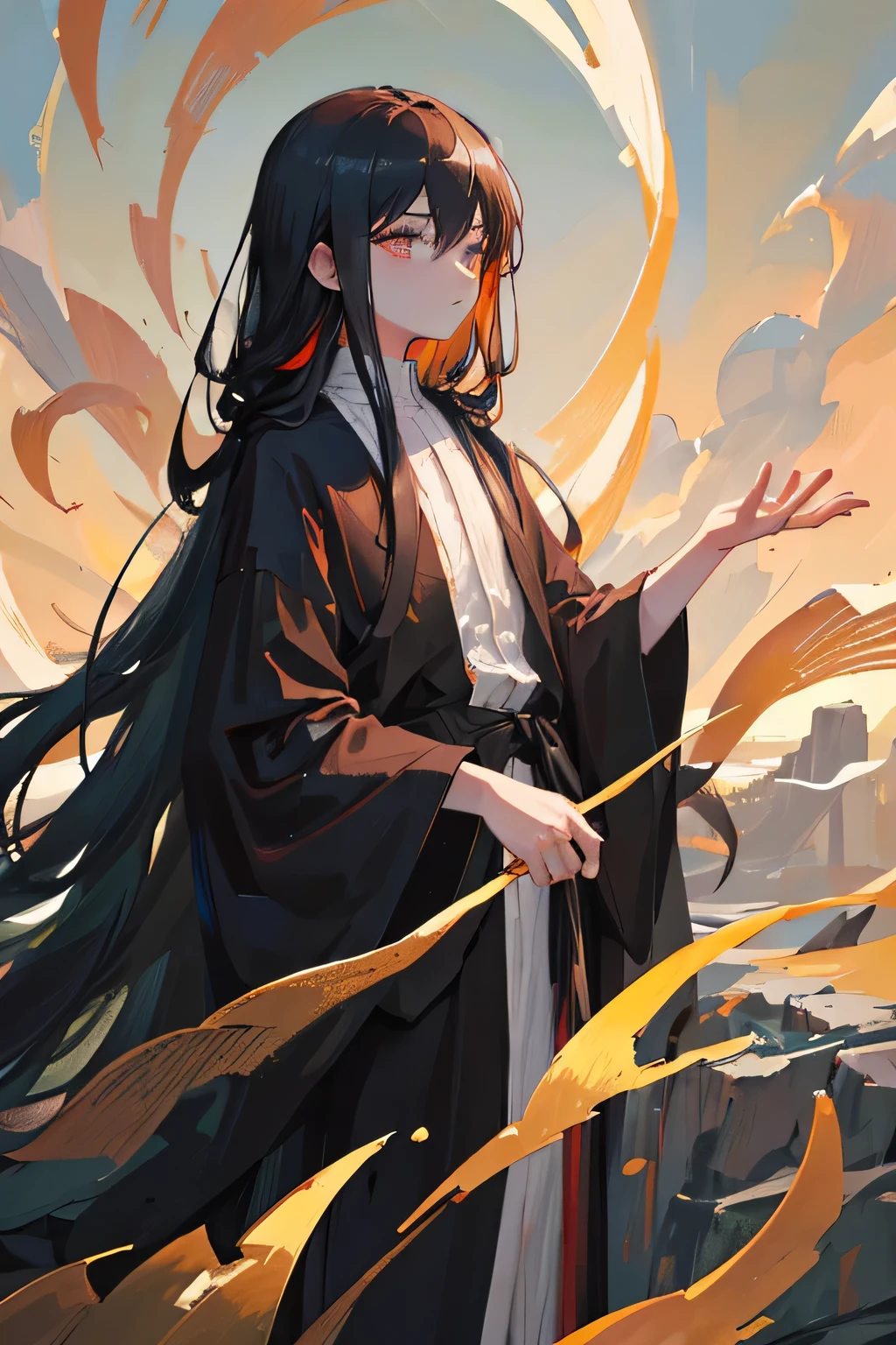 Young boy with long black and pale hair dressed in black antique style，Eyes cold and expressionless，Angle side view standing on the cliff with a breeze blowing long hair and black robe，Details 8k