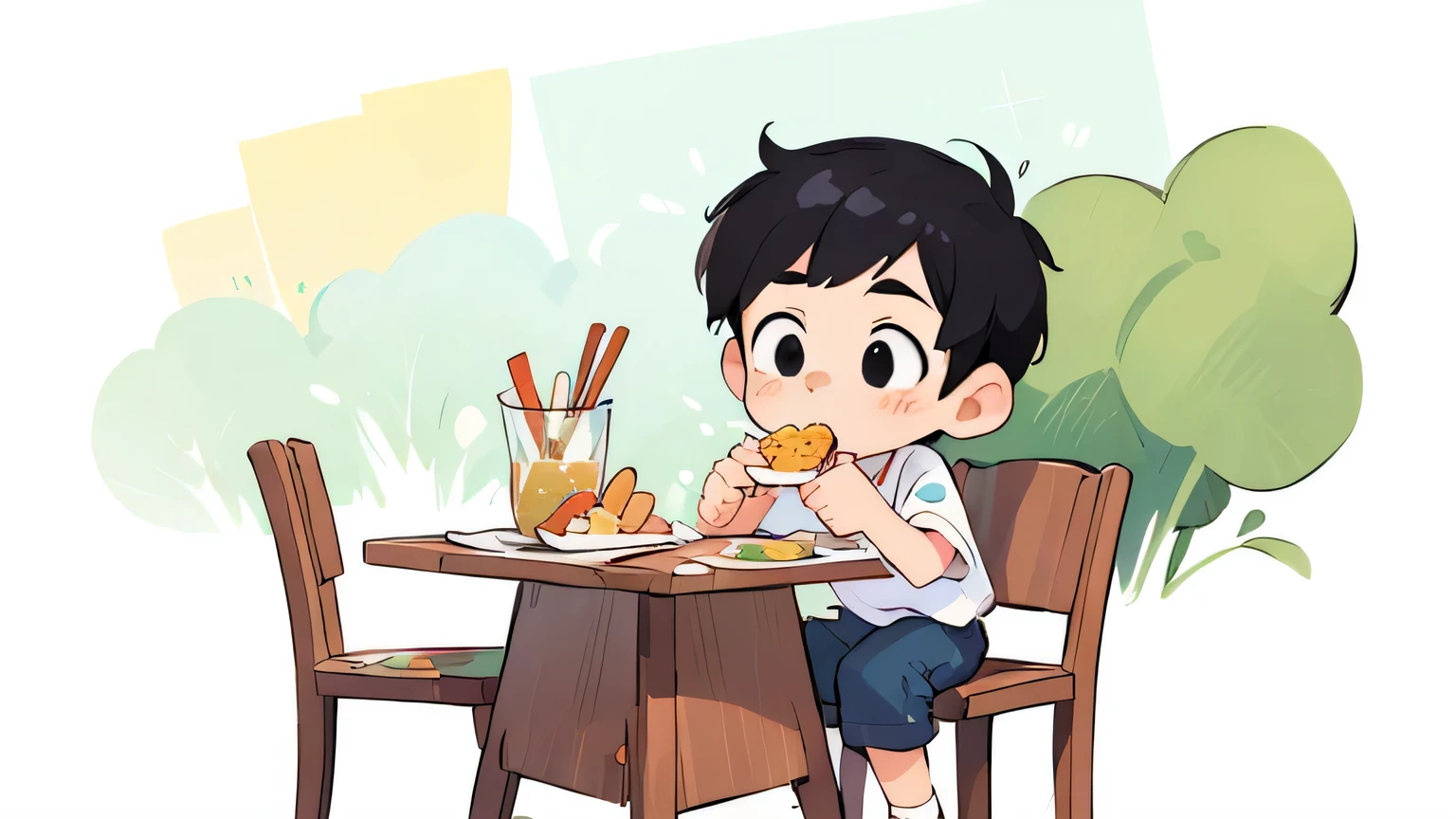 Cartoon boy sitting at table eating food with fork and knife, Eating out, Detailed fanart, Official fan art, Inspired by Han Yonghao, eat snack, Loish and Goro Fujita, High quality fan art, Inspired by Kim Young Hwan, Official illustration, heroes 2d fan art artstation, cute cartoon, anime style