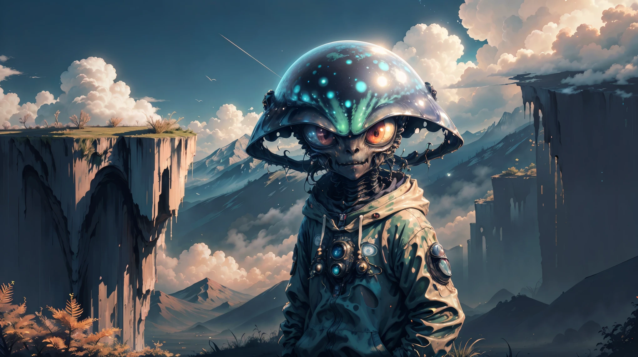 (highest quality, 4k, High resolution, masterpiece:1.2), Super detailed, Alien, Earth's surface filled with gas, Wilderness, spookyAlienの風景, (Unforgettable,spooky)haze, (Unlucky,Disastrous)cloud, spookyカラーパレット, (((wandering alien:1.3))), 500㎜, f/4.0, photo shoot,