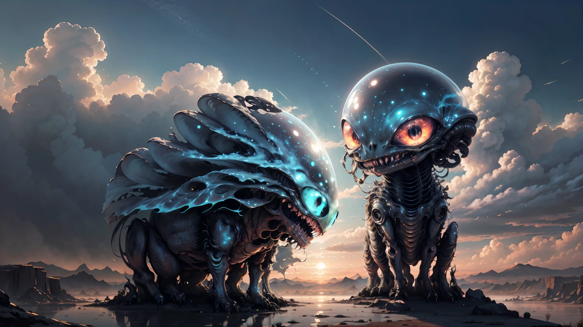 (highest quality, 4k, High resolution, masterpiece:1.2), Super detailed, Alien, Earth&#39;s surface filled with gas, Wilderness, spookyAlienの風景, (Unforgettable,spooky)haze, (Unlucky,Disastrous)cloud, spookyカラーパレット, (((wandering alien:1.3))), 500㎜, f/4.0, photo shoot,