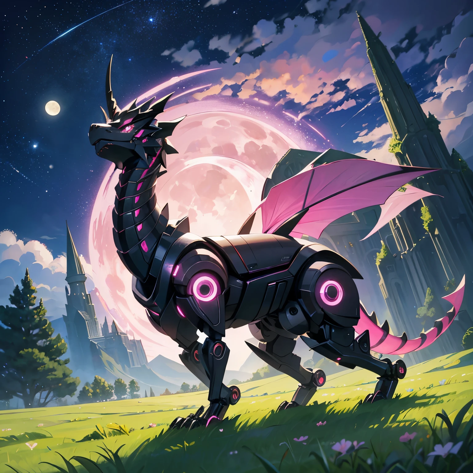 (best quality,highres,ultra-detailed,realistic:1.2),cute small robotic dragon with shiny pink details,green grassy lawn,star-filled sky with moon in the background,black robotic dragon,robotic dragon with pink shiny details,small robotic dragon with pink shiny details,lush green grassy lawn,nighttime scene,robotic dragon on green grassy lawn,robotic dragon with black body and pink shiny details,small black robotic dragon with pink shiny details,black robotic dragon with shiny pink details on green grassy lawn,star-filled sky with moon in the background of a grassy lawn,robotic dragon with cute appearance and pink