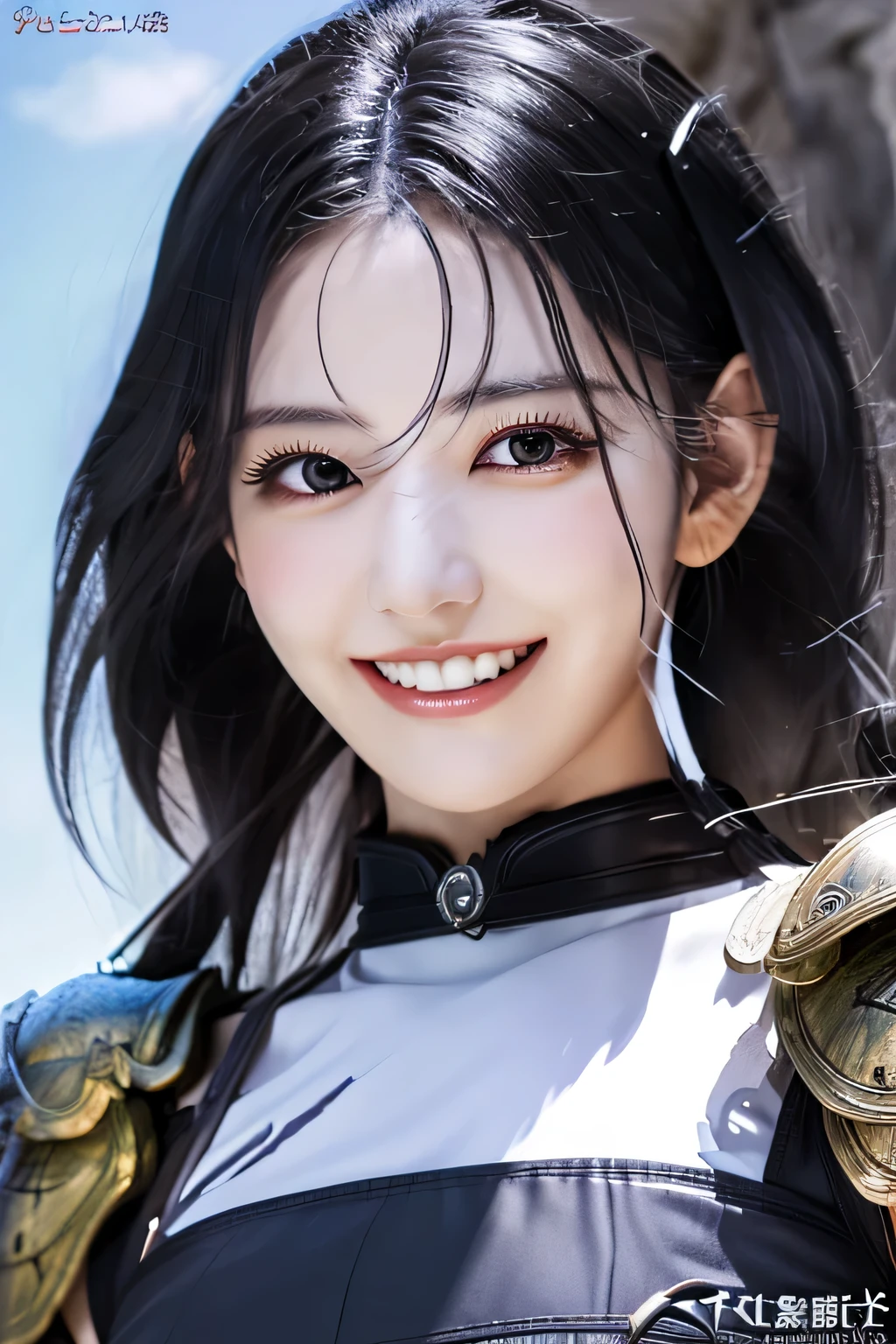 highest resolution, 4k, masterpiece: 1.3), japanese mature, photo of a woman, sexy, fine eyes, slender body shape, realistic teeth, double eyelid, full body, highest quality, be familiar with, equipped with armor, in a fantasy world, The background is a castle、black hair、smile、beautiful teeth