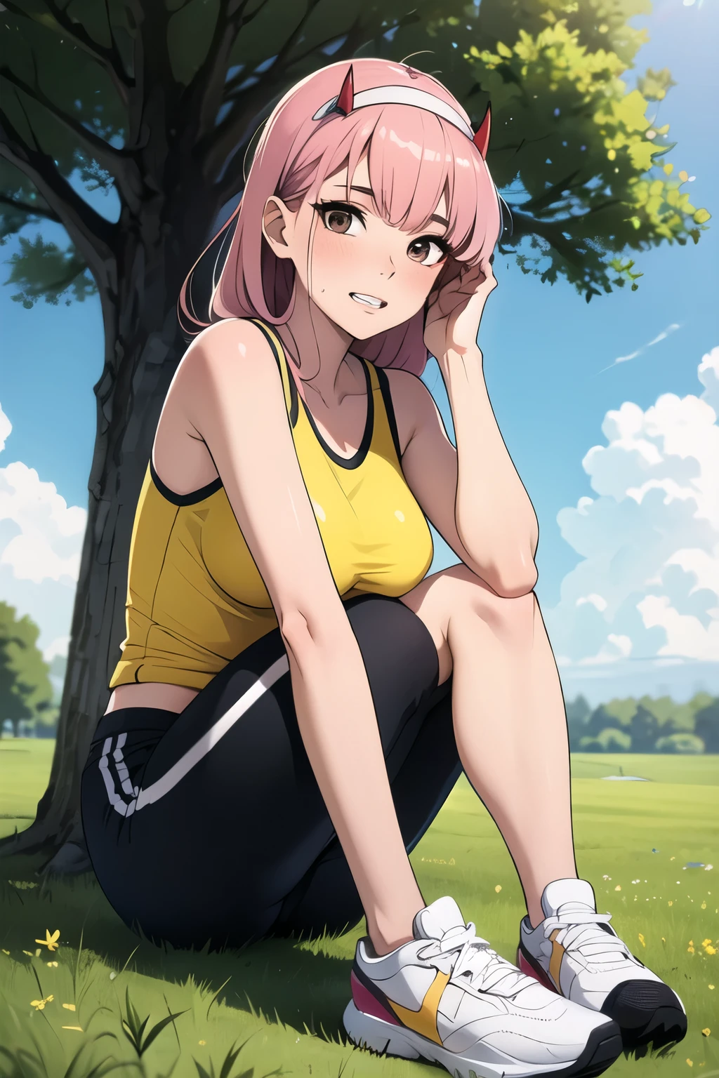 zero two,((best quality)), ((masterpiece)), (detailed), perfect face,1girl, solo, long hair, looking at viewer, blush, shirt, pink hair, brown eyes, upper body, teeth,, mole, mole on neck,1girl, solo, breasts, looking at viewer, shirt, black hair, breasts, sitting, outdoors,sky, shorts, sleeveless, alternate costume, tree, hand between legs, yellow shirt, sportswear, gym shorts, basketball uniform, yellow tank top,number 3,sweat,jersey numbber 3,full body,1girl, solo, long hair, breasts, looking at viewer, bangs, large breasts, bare shoulders, sitting, outdoors, sky, shoes, teeth, day, pants, mole, tree, mole under eye, grass, sneakers, sportswear, basketball