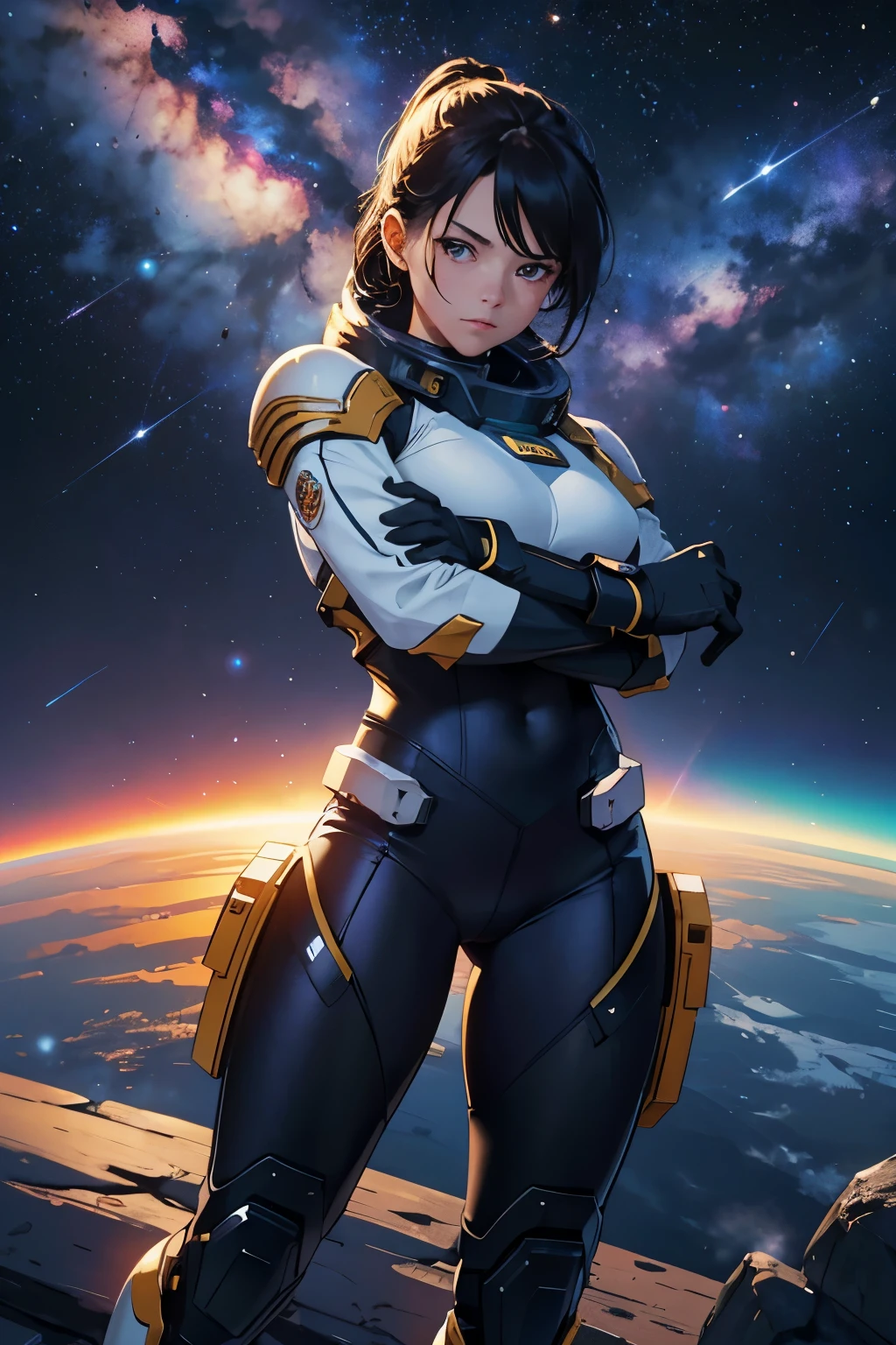 An awe-inspiring 8K ultra-high-definition illustration of a strong and feminine female space marine. Her athletic build is evident as she takes off her impressive mech-suit, revealing her toned muscles. She confidently holds her shiny helmet under her arm, her fierce gaze locked on the viewer, exuding determination and strength. The background is a vast, interstellar landscape, with stars twinkling in the distance and a breathtaking view of a planet's horizon. The image has a slightly comic-style, making it perfect for a poster or print.