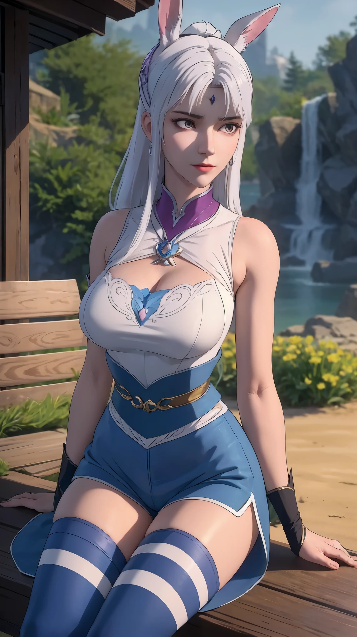a white hair、Close-up of woman wearing white mask, beautiful figure painting, guweiz, Gurwitz style artwork, White-haired God, author:Yang Jie, Epic and beautiful character art, Stunning character art, author:FAN Qi, by Wuzhun Shifan, pixiv art station street guweiz, single ponytail, insult, high ponytail, tall figure, long legs, (sleeveless lace shirt), (shorts), (striped )), ((striped )), Walk, elegant, dignified, feminine, beautiful curves, sweet smile, Strong sense of detail and layering, colorful, Has a unique texture, rich and colorful, Color harmony, vivid, design art, 16K, super detailed, {{illustration}}, {extremely delicate and beautiful}, {Exquisite surface treatment}, super detailed, Exquisite glowing eyes, {{movie lighting}}, Extreme light effects, Model: realism, CFG size: 12, Laura: Bright texture (1.35), high quality, masterpiece, Exquisite facial features, Delicate hair depiction, Detailed depiction of eyes, masterpiece, best quality, Ray tracing, Extremely detailed CG unified 8K wallpaper, masterpiece, best quality, (1 girl), perfect female figure, (((White tight T-shirt))), beautiful eyes, (delicate face), 黑色short hair, hair tied up, Light blue hairpins, (White skin), (best lighting), (Super intricate details), 4K unified, (super detailed CG), Showing white legs, , hot pants, shorts,best quality, High resolution, Unique image, 1 girl, Animal ears, armpit, Put your arms behind your head, Bangs, bare shoulders, blue footwear, blue hair, blue tights, braid, Chest, brown lift your legs, shut your mouth, bench, Cover belly button, curtain, Split collar, earrings, Eyebrows visible through hair, fake Animal ears, fake Tail, garters, gradient hair, green eyes, High heel, high legs, high legs tights, huge Chest, jewelry, large Chest, tights, light blush, looking at the audience, messy hair, rich and colorful hair, on bench, Pillow, rabbit, Rabbit ears, rabbit Tail, short hair, side lock, sitting, alone, swept Bangs, Tail, lift your legs, change