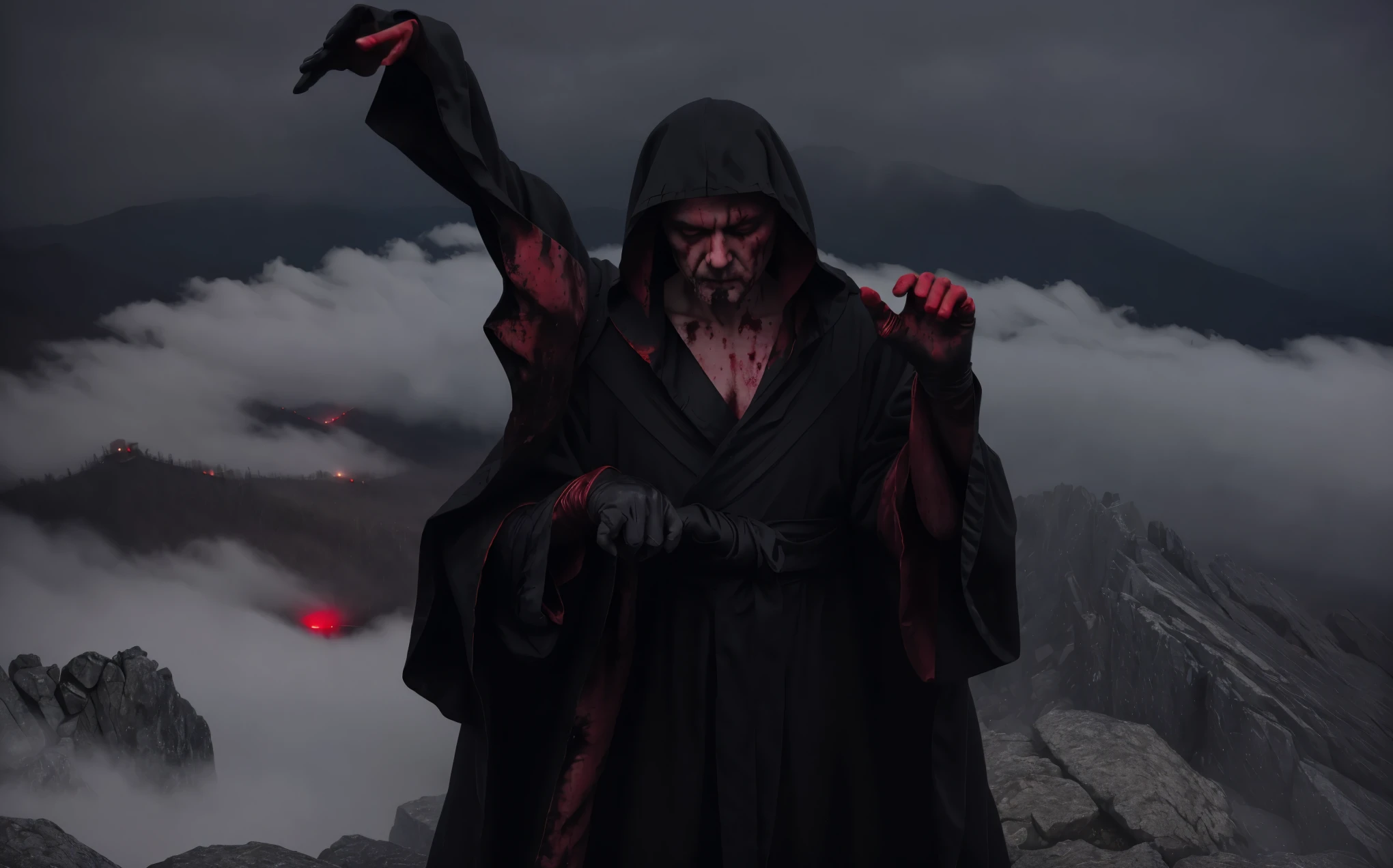 black red robe,Blood-colored hands,Arms wrapped in black mist,Squint overlook,top of mountain,night,a man