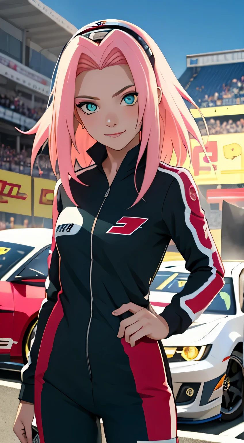 tmasterpiece, Best quality at best, 1girll, Sakura Haruno,Raised sexy,is shy,ssmile,with pink hair, long whitr hair, (Green eyeballs:1.4), Forehead protection, Pole Position, standing inside of her race car,s,anime style, bright colors, dynamic lighting, shiny finish, attention to detail, sparkling eyes, wearing racing suit, in behind chevrolet camaro, exciting atmosphere, race helmet on the car, vivid expressions