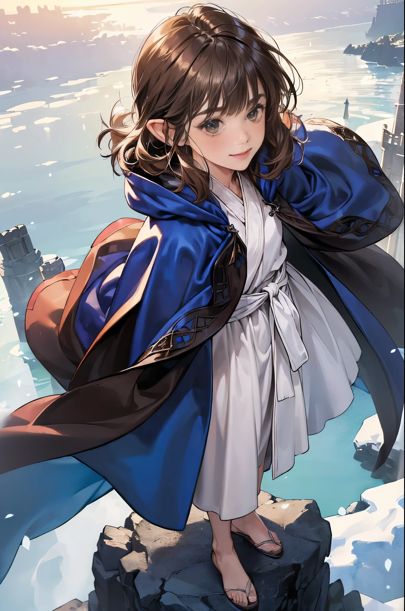 (((((girl))))), masterpiece, ultra detailed, 8K Portrait, Raw photo, woman's portrait photography, full body, Highly detailed face, mischievous childish smile, blush, ((Fantasy)), (((hobbit))), ((Adult)), 45 years old, 110cm, (((ALCHEMIST))), ((tanned skin)), (((olive brown short bob hair))), (((blunt bangs))), hair ornament, (((dark blue silk long Fluffy cloak))) Fluttering in the wind, (((white inner long robe))), long skirt, leather gloves, Midday sun, Hyper realistic, Slender body, by the snowy castle, Ambient lighting, Shadow details, Camera focus on face, strong breeze, Light fog