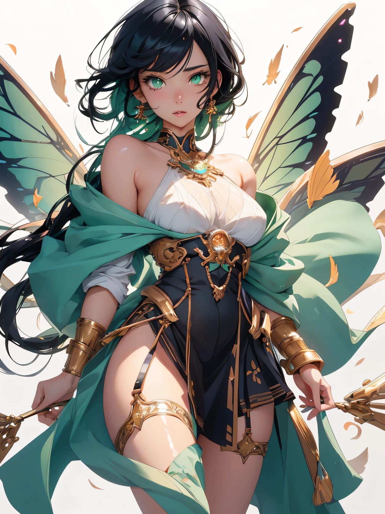 nsfw:1.1, high resolution:1.7, incredibly absurdres, kawaii:1, cute:1.5, hires.fix, anime visual:1, incredibly fine illustration,8k,masterpiece:1.2,best quality, high quality, exquisite, beautiful, insanely detailed, intricate detailed, extremely detailed, Super Definition, ultra high res, Super Resolution, best aesthetic, ultra detailed:1.5, best quality, perfect face, detailed face, masterpiece:1.2, illustration:1.2, 8k cg wallpaper, stunning art,absurdres,octane render,ultra hires,Japanese Actress,(Idol),18yo,Beautiful,(Cute and lovely),cute girl,((anime elf with extremely cute and beautiful black hair)),long hair,hime_cut,((((black hair:1.35,colored inner hair,ear breathing)))),(((green_eyes:1.3))),intricate eyes,beautiful detailed eyes,symmetrical eyes,big eyes:1.5,enchanting bright eyes studded with gold and silver dust,(((pinky skin,glowing_skin,lustrous skin:1.5,bright skin: 1.5,skin tanned,shiny skin,very shiny skin,shiny body,plastic glitter skin,exaggerated shiny skin,illuminated skin))),upward breasts,waist slender,(detailed body,(detailed face)),cute,daring,zettai ryouiki,show skin,best relationship with four fingers and one thumb,Very Fine Face and Eyes,Very Fine Hair,(Perfect Anatomy),((girl trembling with sexual climax)),Garter Belt,Bare shoulders,Check out our thru-rack chokers and midi rings with chains,((white background:1.5)=5),(bottle bottom:0.9),1 girl,mid shot,full body, (mecha wing, mecha leg, mecha hand),((short white hair)),asymmetrical bangs,insanely detailed face and eyes, Perfect lips, butterflies,floating petal,stone fragment,beautiful detailed water,cloud, sun, dusk,sunset, beautiful detailed cloud,ocean,sea waves,water splashes,dramatic,cinematic lighting,fine expression,fine detail,fantasy art,illustration, masterpiece, digital art,drawing,in the style of Yusuke Murata.