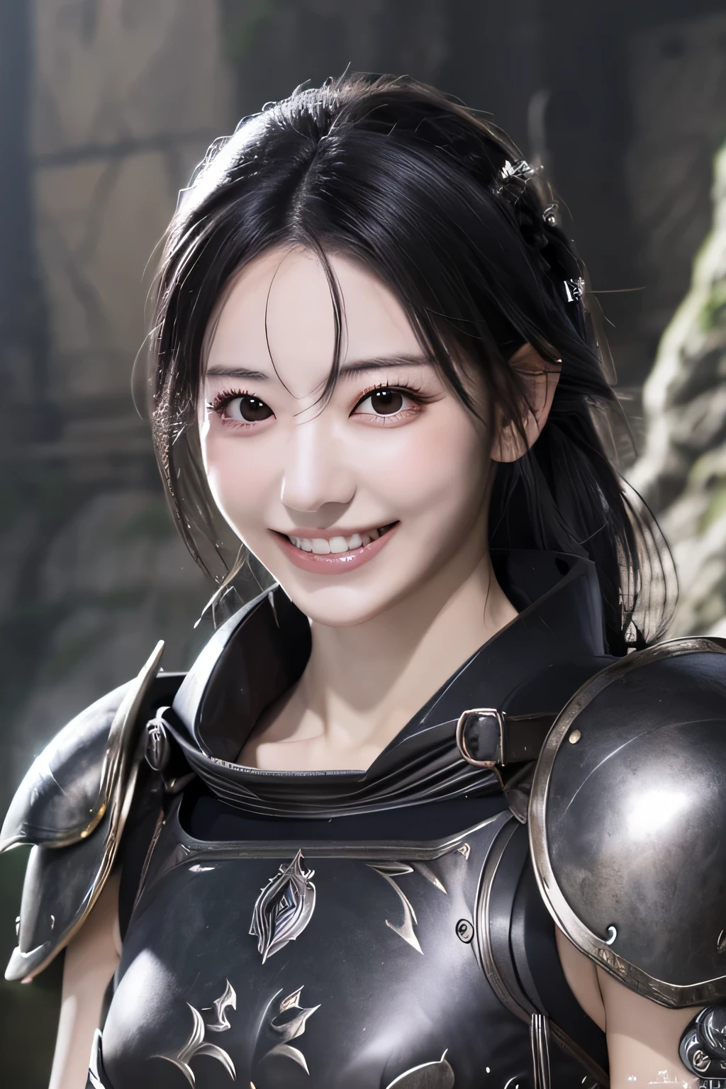 highest resolution, 4k, masterpiece: 1.3), japanese mature, photo of a woman, sexy, fine eyes, slender body shape, realistic teeth, double eyelid, full body, highest quality, be familiar with, equipped with armor, in a fantasy world, The background is a castle、black hair、smile、beautiful teeth