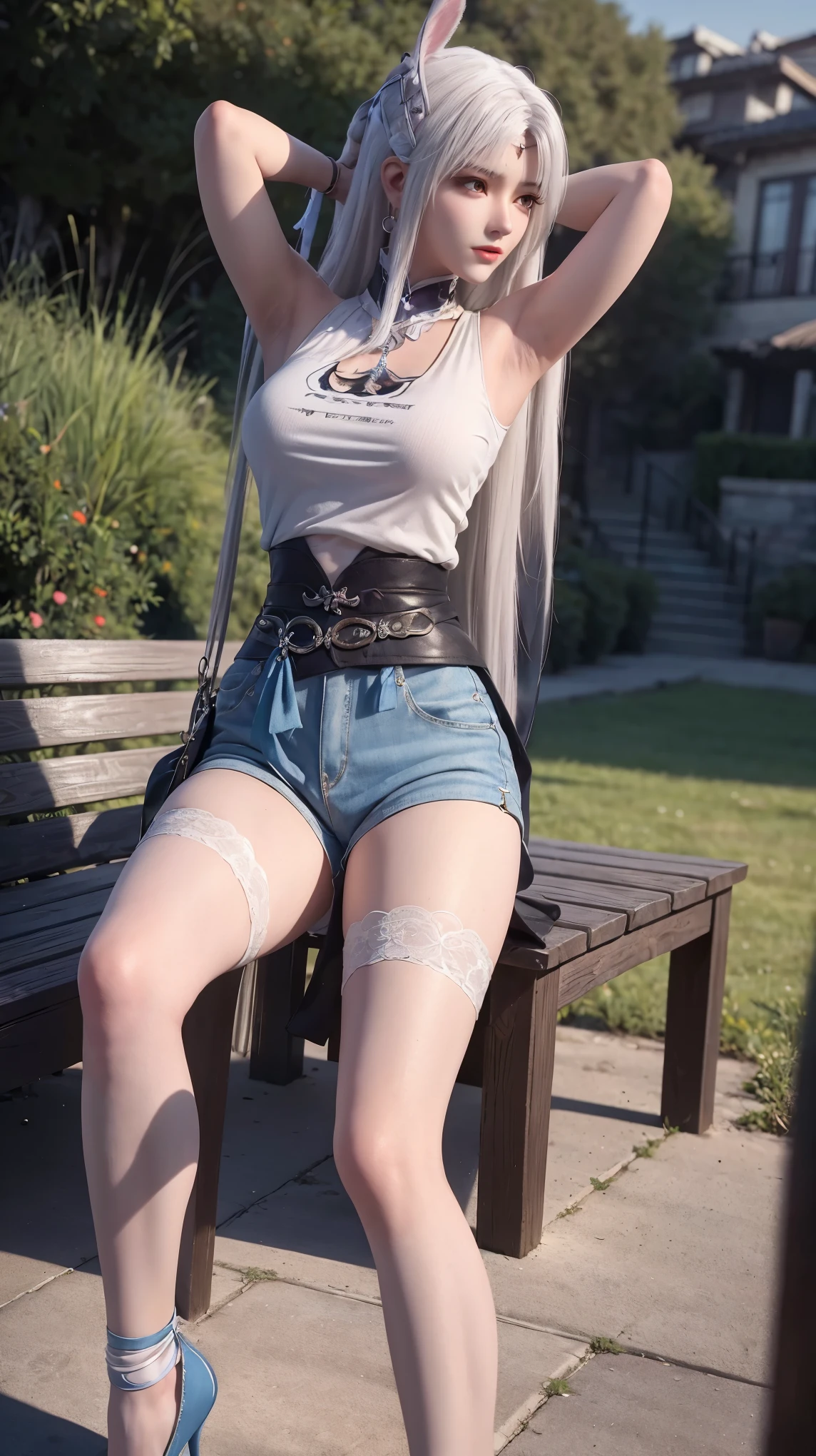 best quality, High resolution, Unique image, 1 girl, Animal ears, armpit, Put your arms behind your head, Bangs, bare shoulders, blue footwear, blue hair, blue tights, braid, Chest, brown lift your legs, shut your mouth, bench, cover navel, curtain, Split collar, earrings, Eyebrows visible through hair, fake Animal ears, fake Tail, garters, gradient hair, green eyes, High heel, high legs, high legs tights, huge Chest, jewelry, large Chest, tights, light blush, looking at the audience, messy hair, colorful hair, on bench, Pillow, rabbit, Rabbit ears, rabbit Tail, short hair, side lock, sitting, alone, swept Bangs, Tail, lift your legs, Change through a white hair、Close-up of woman wearing white mask, beautiful figure painting, guweiz, Gurwitz style artwork, White-haired God, author:Yang Jie, Epic and beautiful character art, Stunning character art, author:FAN Qi, by Wuzhun Shifan, pixiv art station street guweiz, single ponytail, insult, high ponytail, tall figure, long legs, (sleeveless lace shirt), (shorts), (striped )), ((striped )), Walk, elegant, dignified, feminine, beautiful curves, sweet smile, Strong sense of detail and layering, Colorful and gorgeous, Has a unique texture, colorful, Color harmony, vivid, design art, 16K, super detailed, {{illustration}}, {extremely delicate and beautiful}, {Exquisite surface treatment}, super detailed, Exquisite glowing eyes, {{movie lighting}}, Extreme light effects, Model: realism, CFG size: 12, Laura: Bright texture (1.35), high quality, masterpiece, Exquisite facial features, Delicate hair depiction, Detailed depiction of eyes, masterpiece, best quality, Ray tracing, Extremely detailed CG unified 8K wallpaper, masterpiece, best quality, (1 girl), perfect female figure, (((White tight T-shirt))), beautiful eyes, (delicate face), 黑色short hair, hair tied up, Light blue hairpins, (White skin), (best lighting), (Super intricate details), 4K unified, (super detailed CG), Showing white legs, , hot pants, shorts,