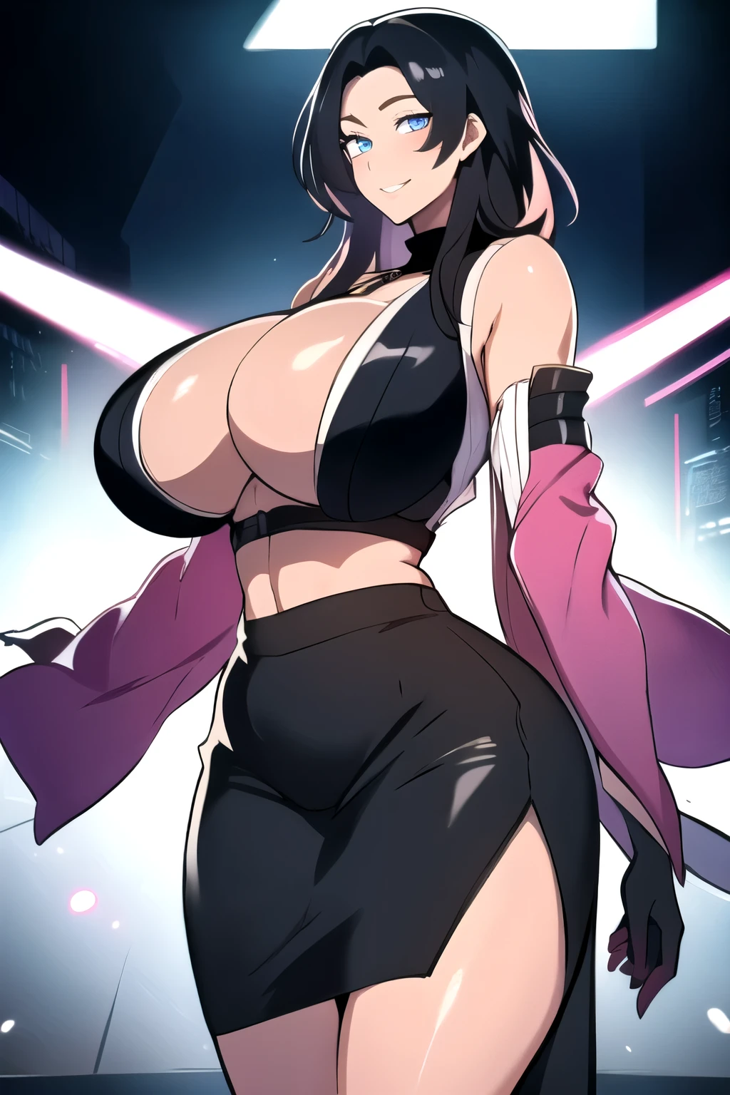 masterpiece, best quality, matsumoto rangiku, beautiful lighting, ((black hair: 1.1)), long hair, turtleneck, crop top, pencil skirt, underboob, necklace, gigantic breasts, (blue eyes: 1.1), standing, looking at viewer, smile, japanese architecture, cowboy shot, shiny skin, gigantic breasts, curvy, seductive smile, bare shoulders, elbow gloves, glowing eyes, Bright eyes,