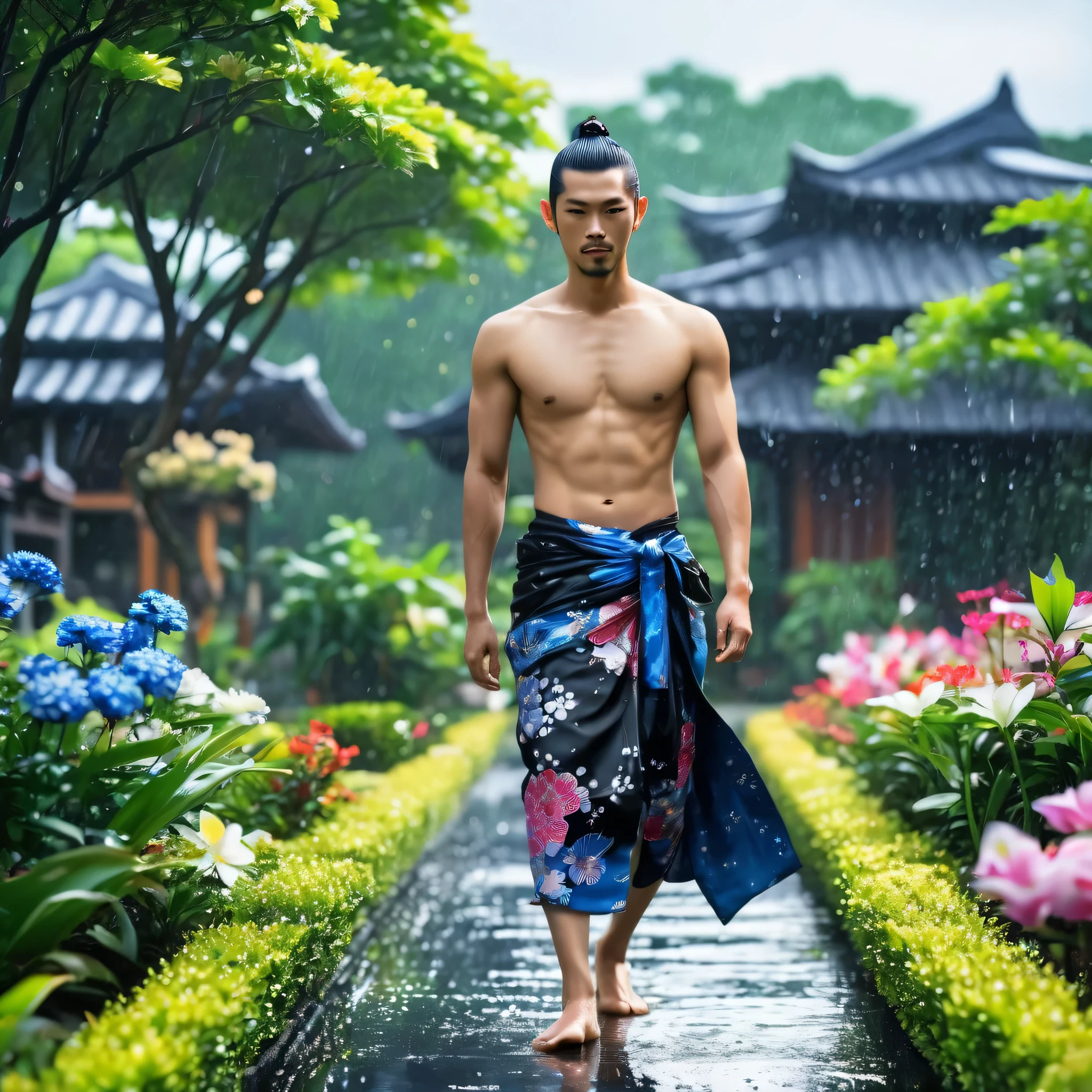 Fullbody, photography of asian young handsom men, sixteen, ponytail hairstyle, yakuza, wearing traditional clot, with simpel sarong, blue-black color, walking front on the flowers yard, artist, best render, after rain, dynamic, bokeh, smooth