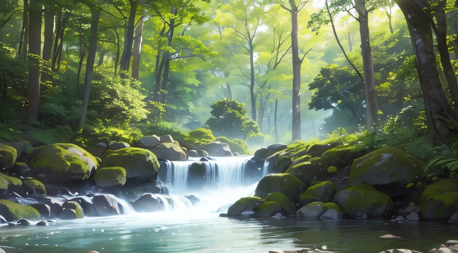 I took a photo of a peaceful moment spent in nature..。wood々Imagine a peaceful landscape bathed in soft morning light.。.。a gentle meandering stream、Surrounded by lush greenery。The overall atmosphere is calm and connected to the natural world.、Highlights the beauty and serenity of outdoor moments。