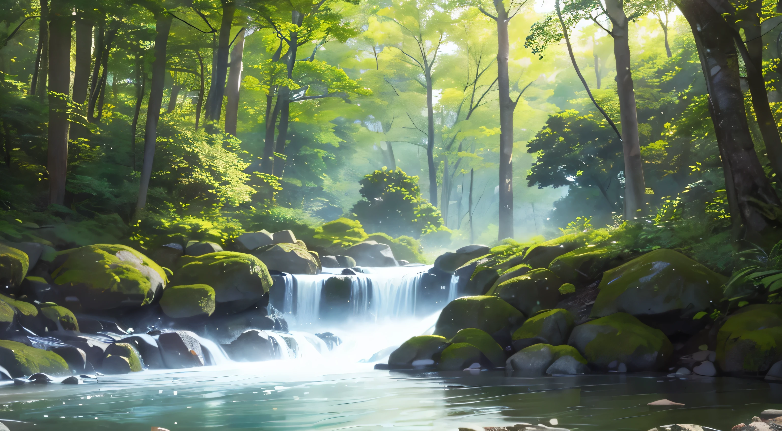 I took a photo of a peaceful moment spent in nature..。wood々Imagine a peaceful landscape bathed in soft morning light.。.。a gentle meandering stream、Surrounded by lush greenery。The overall atmosphere is calm and connected to the natural world.、Highlights the beauty and serenity of outdoor moments。