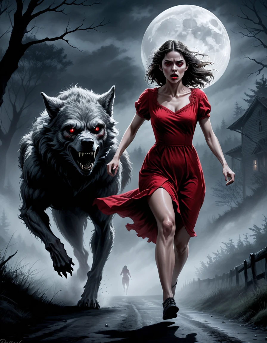 digital drawing, horror movie scene of a beautiful woman in a red dress being stalked in the dark by an wolfman, spooky, terrifying, dark ambiance, misty, 8k, high quality, gray wolfman in the background, intensity, woman looking behind her, running, moonlight