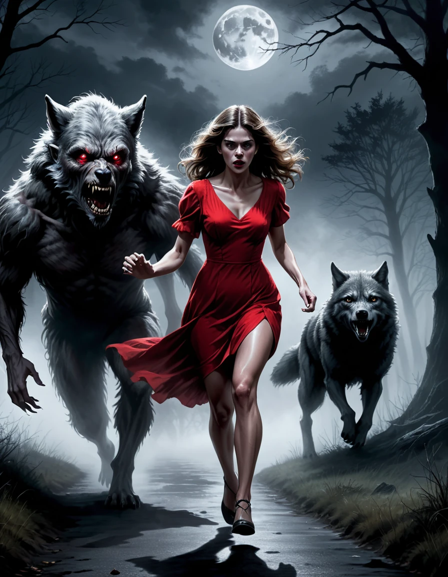 digital drawing, horror movie scene of a beautiful woman in a red dress being stalked in the dark by an wolfman, spooky, terrifying, dark ambiance, misty, 8k, high quality, gray wolfman in the background, intensity, woman looking behind her, running, moonlight