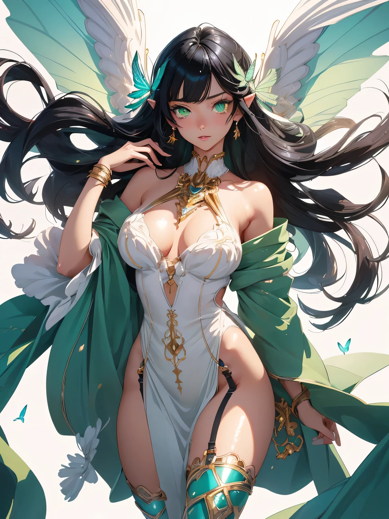 nsfw:1.1, high resolution:1.7, incredibly absurdres, kawaii:1, cute:1.5, hires.fix, anime visual:1, incredibly fine illustration,8k,masterpiece:1.2,best quality, high quality, exquisite, beautiful, insanely detailed, intricate detailed, extremely detailed, Super Definition, ultra high res, Super Resolution, best aesthetic, ultra detailed:1.5, best quality, perfect face, detailed face, masterpiece:1.2, illustration:1.2, 8k cg wallpaper, stunning art,absurdres,octane render,ultra hires,Japanese Actress,(Idol),18yo,Beautiful,(Cute and lovely),cute girl,((anime elf with extremely cute and beautiful black hair)),long hair,hime_cut,((((black hair:1.35,colored inner hair,ear breathing)))),(((green_eyes:1.3))),intricate eyes,beautiful detailed eyes,symmetrical eyes,big eyes:1.5,enchanting bright eyes studded with gold and silver dust,(((pinky skin,glowing_skin,lustrous skin:1.5,bright skin: 1.5,skin tanned,shiny skin,very shiny skin,shiny body,plastic glitter skin,exaggerated shiny skin,illuminated skin))),upward breasts,waist slender,(detailed body,(detailed face)),cute,daring,zettai ryouiki,show skin,best relationship with four fingers and one thumb,Very Fine Face and Eyes,Very Fine Hair,(Perfect Anatomy),((girl trembling with sexual climax)),Garter Belt,Bare shoulders,Check out our thru-rack chokers and midi rings with chains,((white background:1.5)=5),(bottle bottom:0.9),1 girl,mid shot,full body, (mecha wing, mecha leg, mecha hand),((short white hair)),asymmetrical bangs,insanely detailed face and eyes, Perfect lips, butterflies,floating petal,stone fragment,beautiful detailed water,cloud, sun, dusk,sunset, beautiful detailed cloud,ocean,sea waves,water splashes,dramatic,cinematic lighting,fine expression,fine detail,fantasy art,illustration, masterpiece, digital art,drawing,in the style of Yusuke Murata.