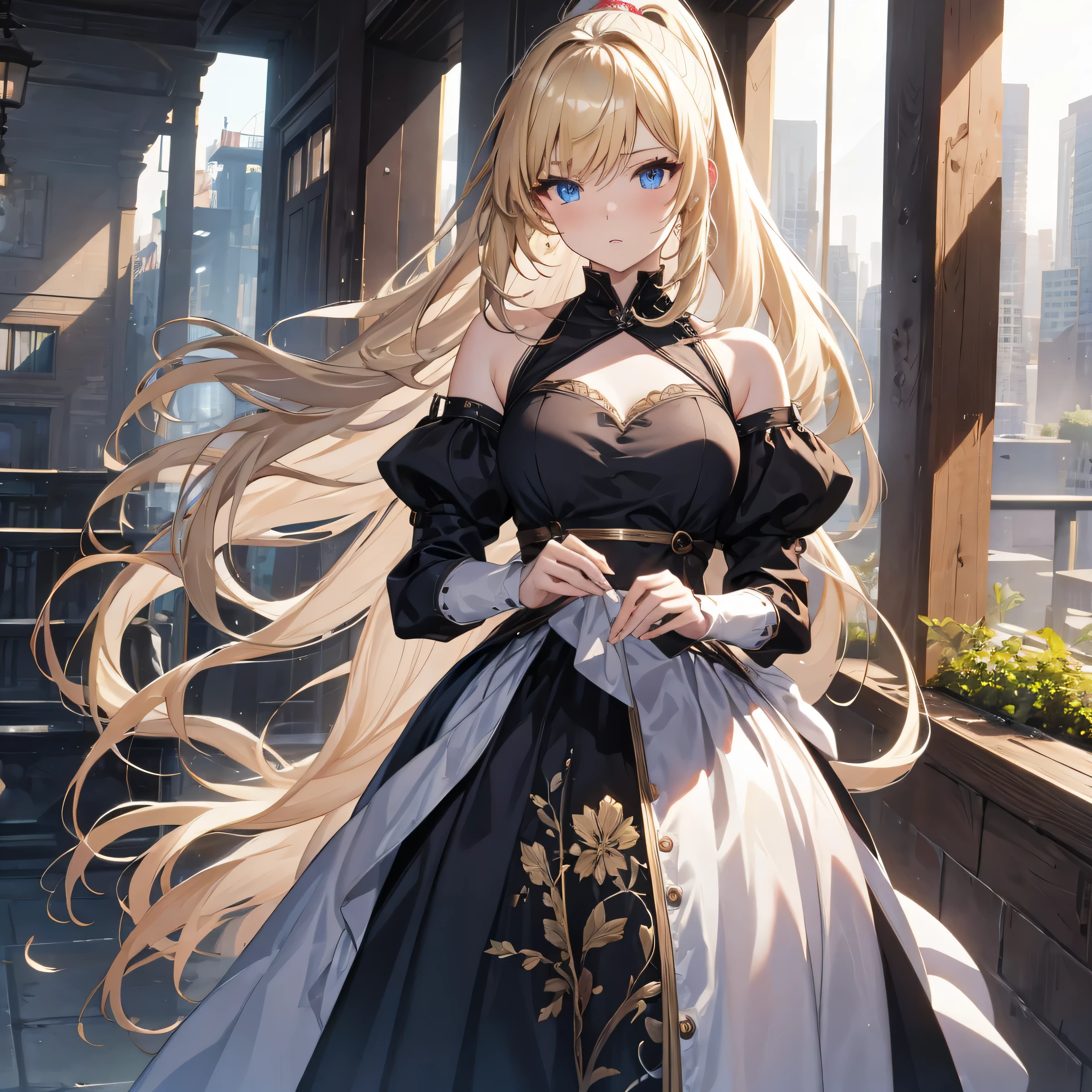 Highly detailed CG Unity 8K wallpaper, highest quality, Super detailed, masterpiece, realistic, photo realistic, Very knowledgeable cute girl, 25 years old, blonde long ponytail hair, blue eyes, logic, 腹logic, viewer, blush, parted lips, half body shot, {{{{{black dress}}}}}, hide your hands, {{{one woman}}}, {{{{{woman with long outline}}}}}, {{{{{narrow eyes}}}}}, beautiful detailed girl, game CG, shine, sadist,