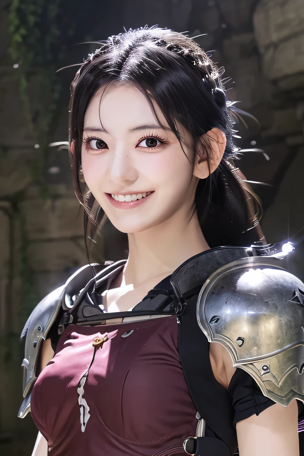 highest resolution, 4k, masterpiece: 1.3), japanese mature, photo of a woman, sexy, fine eyes, slender body shape, realistic teeth, double eyelid, full body, highest quality, be familiar with, equipped with armor, in a fantasy world, The background is a castle、black hair、smile、beautiful teeth