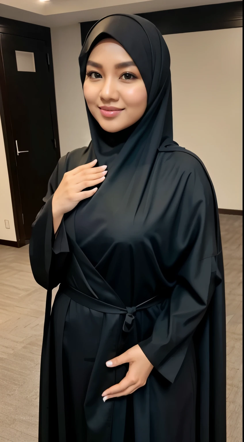 A 32-year-old Indonesian woman, with hijab, Beautiful, photo taken with iPhone, elegant black abaya with breast holder inside, photo in ball room, high quality, cleavage, perfect eye, perfect hand, perfect finger