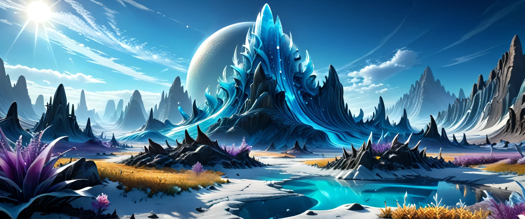 Come up with an alien landscape, if somewhere far away there was a crystal planet on which everything is made of transparent crystal of different color shades, crystal plains and hills, crystal bizarre alien crystal trees and shrubs grow on them, alien crystal grass and previously unknown alien crystal flowers grow on crystal glades, the sky on this planet has a very bright azure shade and the sun is light blue , beautiful mesmerizing view of the alien landscape, high texture smoothing, high resolution objects, 32K, hyper detail, Surreal sci-fi style, DAZ 3D, Realistic brush strokes, unreal engine 5, Ultra-realistic rendering of details, Stunningly realistic graphics, Very detailed photo