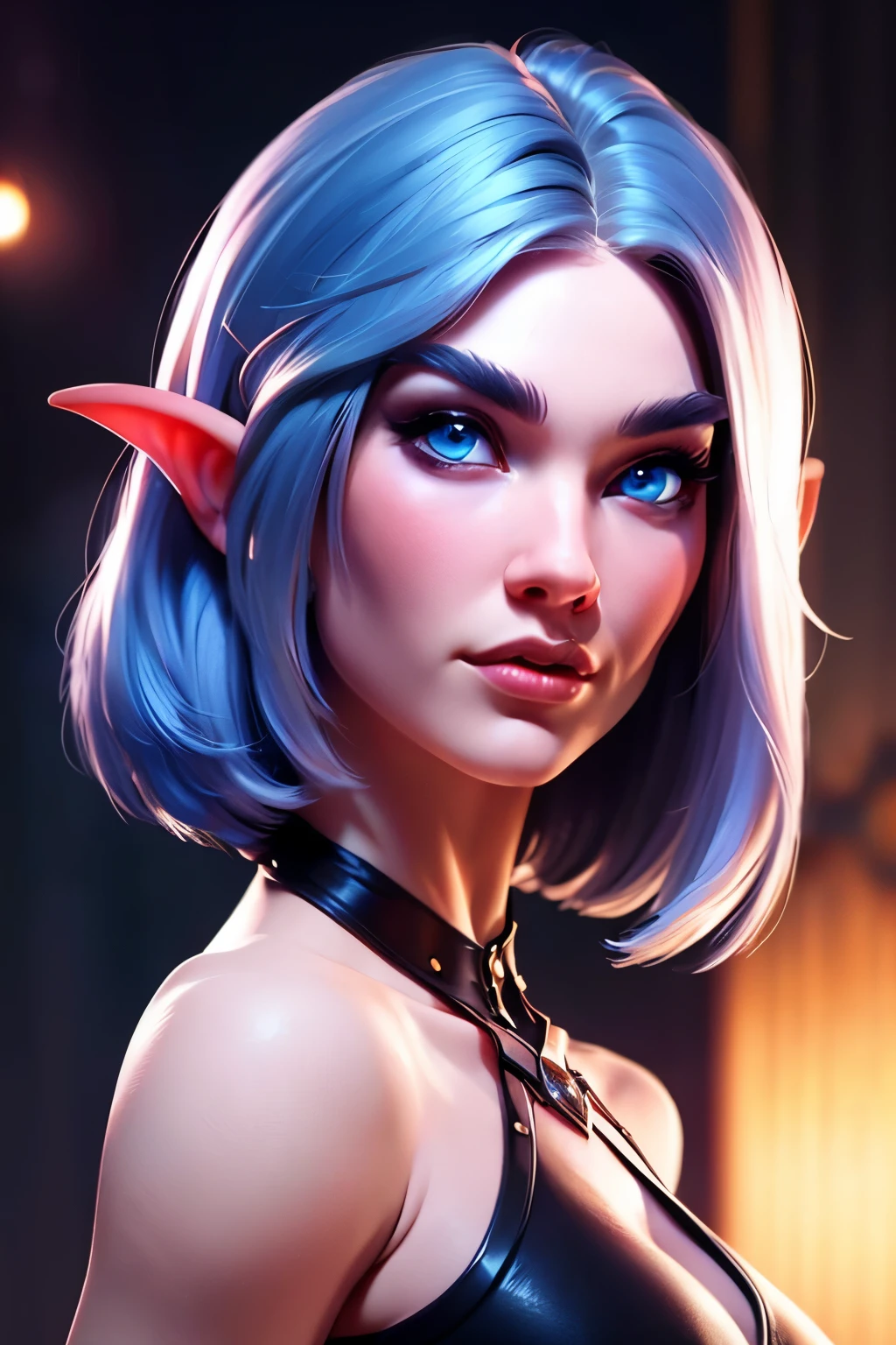 beautiful portait of nigth elf female in her 20s with fit body , perfect face feature , (blunt bob short hair), (silver hair color), (blue eyes color), thick kissable lips , thin nose ,pointy ears,