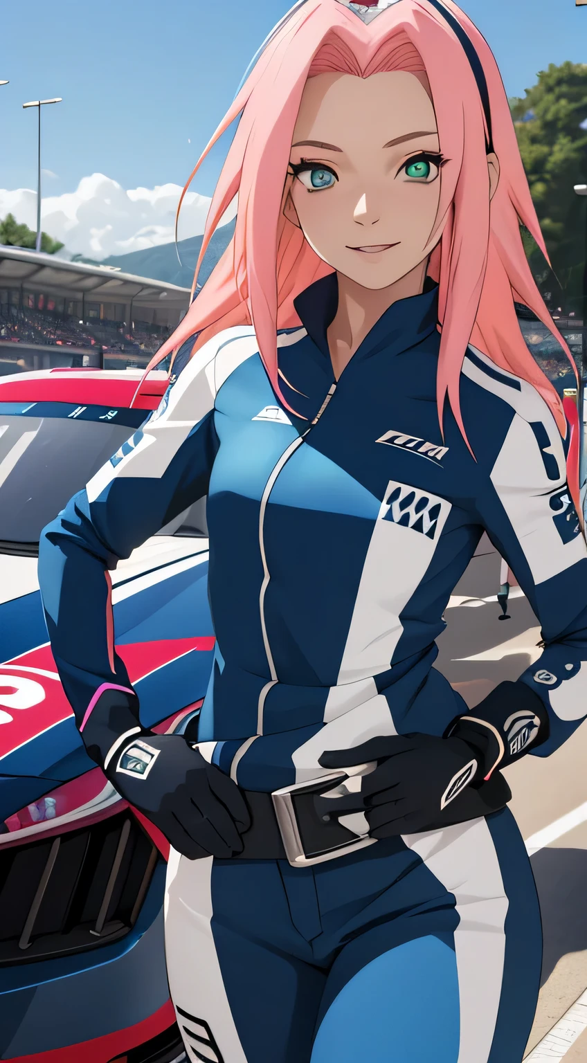 best quality,highres),Tess Darret,Pole Position,holding a race helmet in hands,standing inside of her race car,smiling,anime style,bright colors,dynamic lighting,shiny finish,energetic pose,attention to detail,sparkling eyes,long flowing hair,wearing a racing suit,checkered flag pattern on the car,exciting atmosphere,vivid expressions
