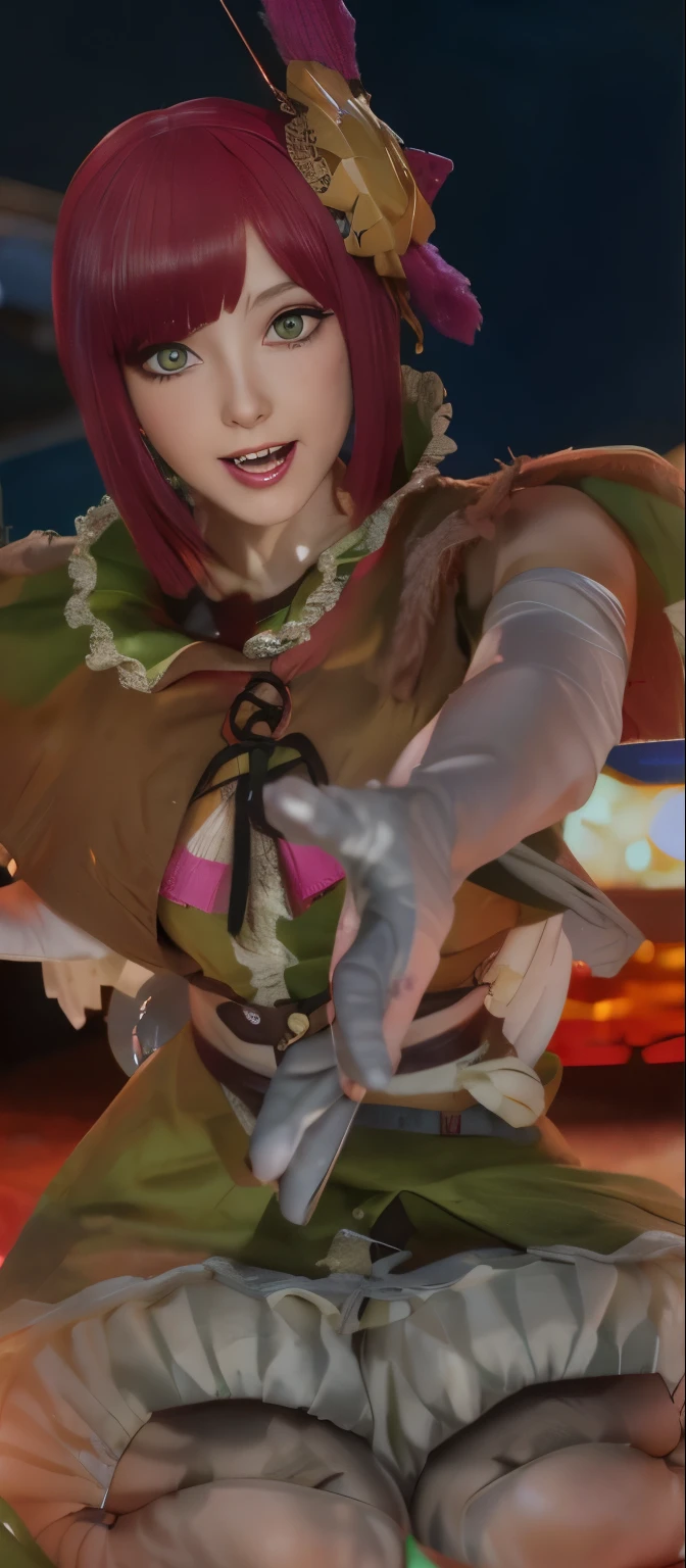 A red-haired girl with short hair and green eyes big breast