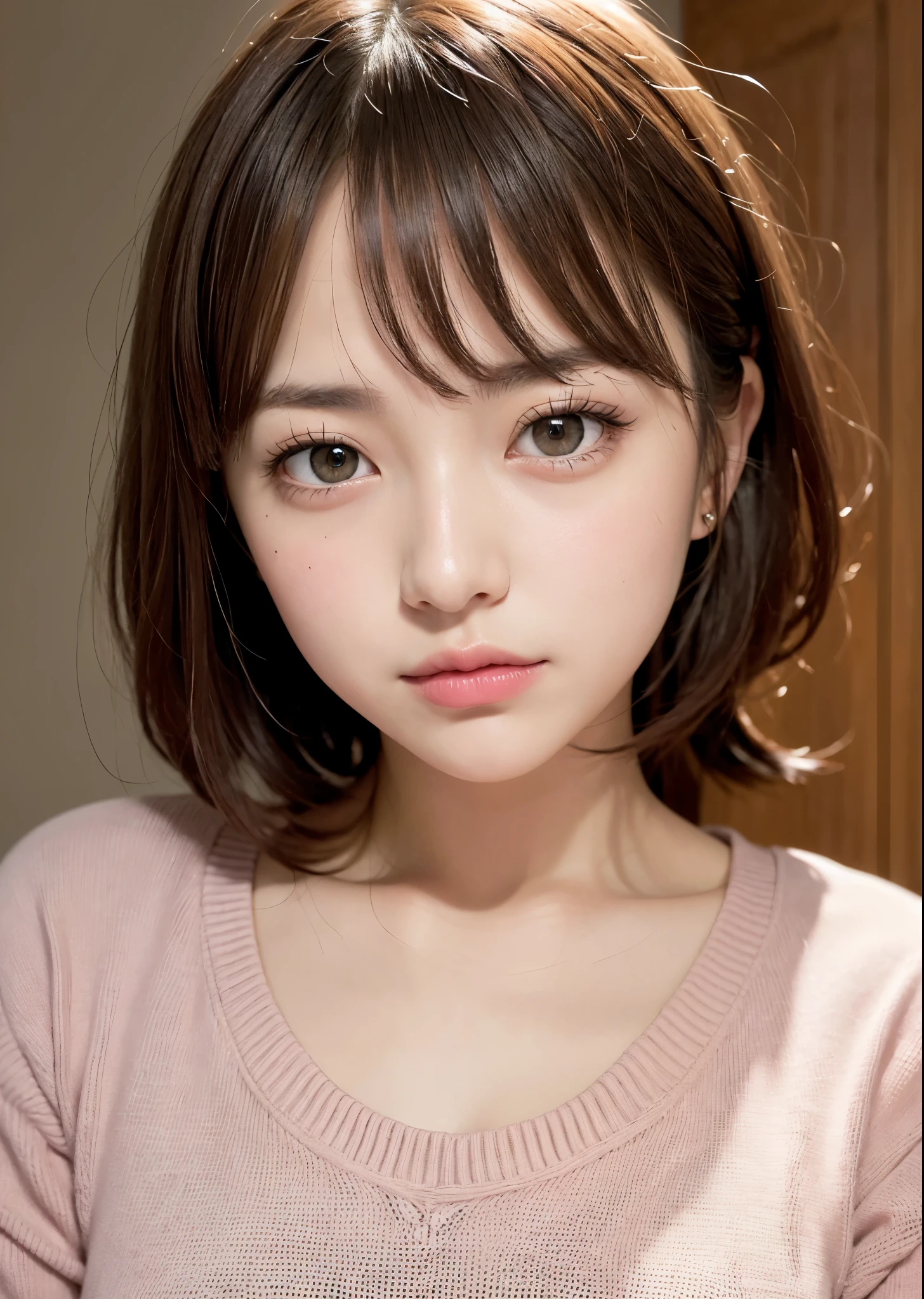 A woman with a slightly angry look on her face、cute woman、big eyes、brown hair with bangs、（small breasts:1.3）、wearing a thick pink sweater、Portrait、perfect lighting、sharp focus、High resolution、High resolution、High color rendering、High resolution、Super realistic、photo-realistic
