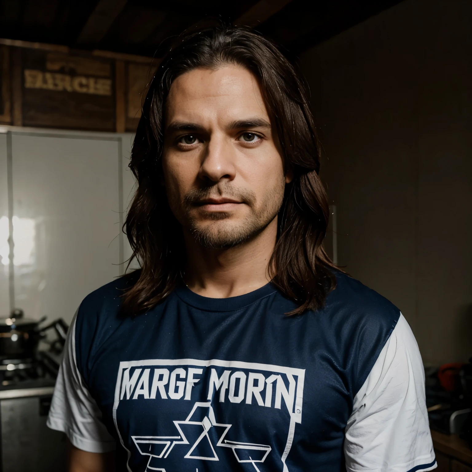 40 year old man, con barba, sin pelo, metalero con remera de Megadeth, y una bandera argentina entre penumbras de fondo
