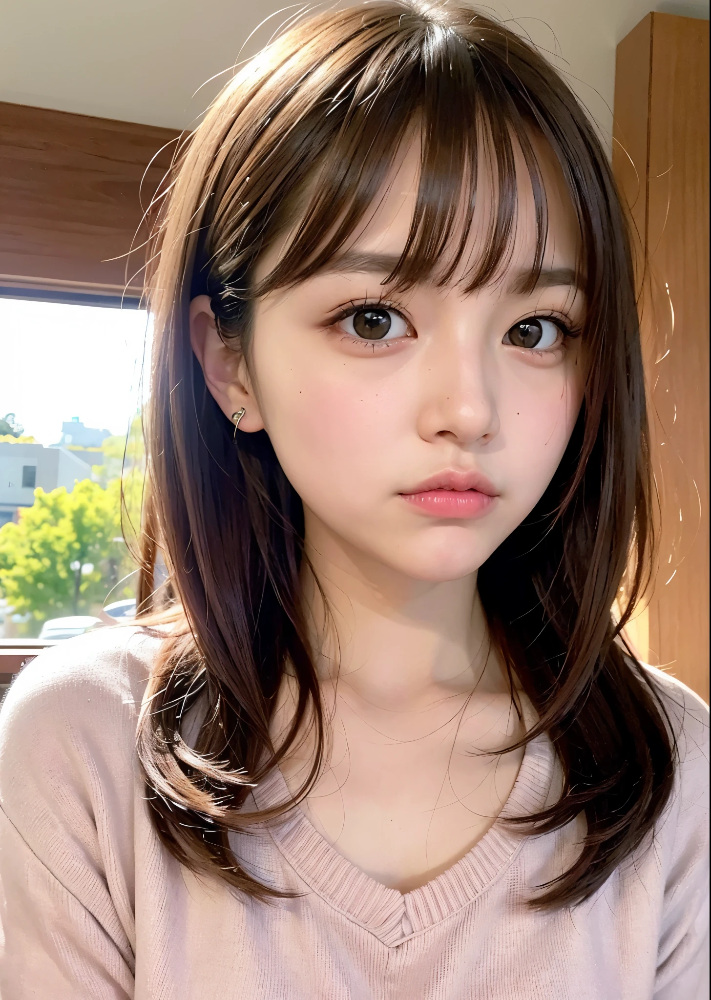 A woman with a slightly angry look on her face、cute woman、big eyes、brown hair with bangs、(small breasts:1.3)、wearing a thick pink sweater、Portrait、perfect lighting、sharp focus、High resolution、High resolution、High color rendering、High resolution、Super realistic、photo-realistic
