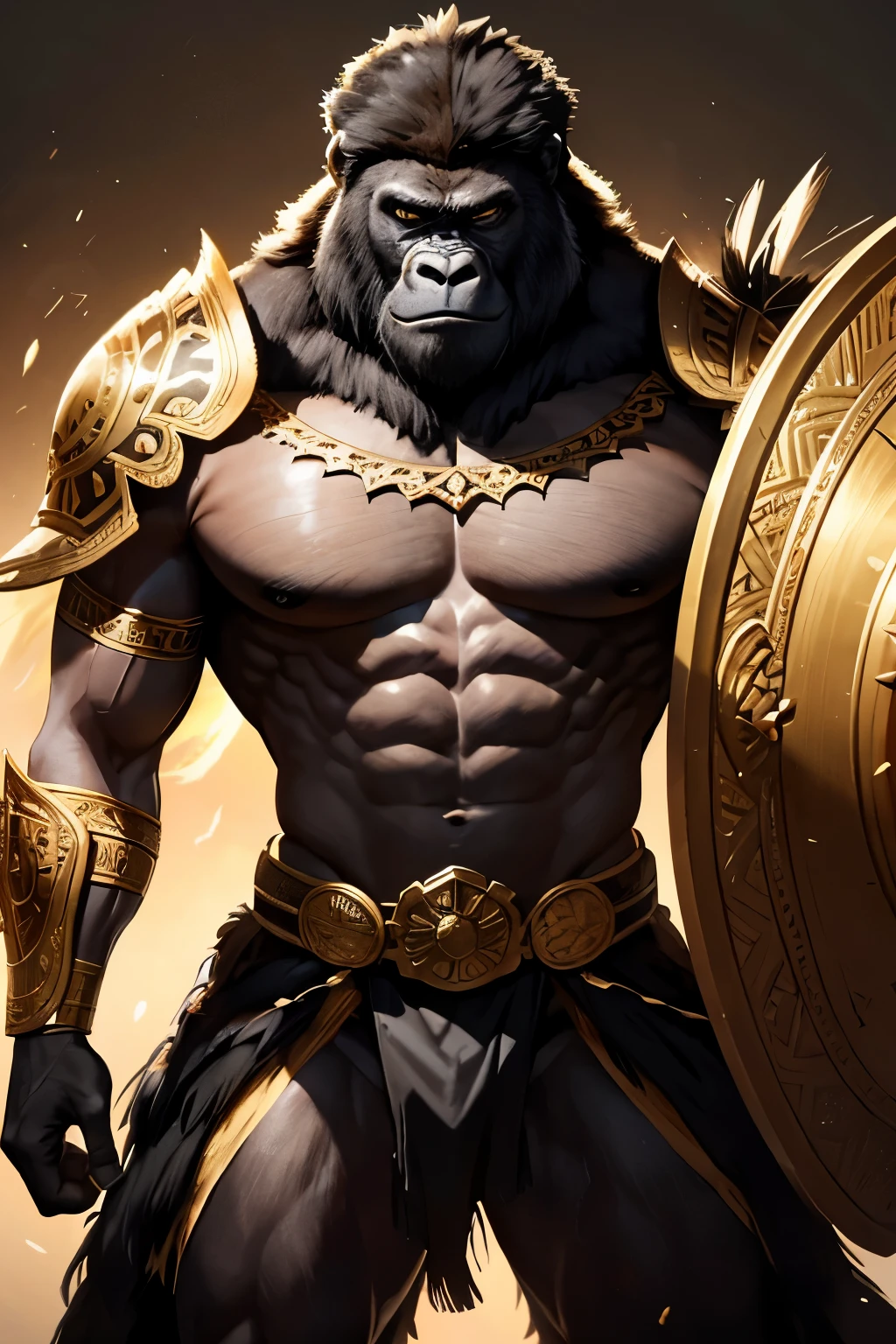 Title: The Majestic Black Gorilla Warrior

Description: In the heart of an untamed African jungle, this black gorilla man stands tall and proud. His mighty muscles ripple under the golden sun, providing a striking contrast to his dark, almost-ethereal skin. His piercing eyes show a deep sense of wisdom and determination. Dressed in nothing but a loincloth made of exotic animal hides, he holds a massive shield carved from wood and adorned with intricate patterns, his strong arms bulging with the effort. A warrior helmet, also made from animal hide and adorned with feathers and bones, sits elegantly on his head. The wind whispers through the