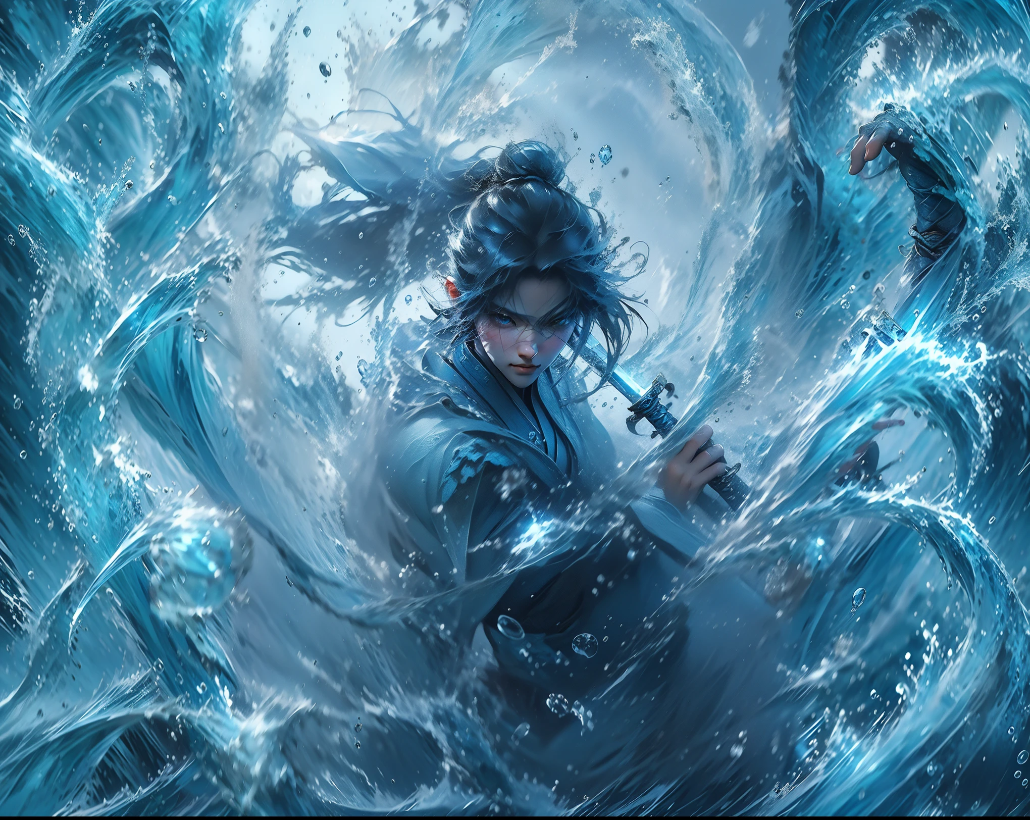 wearing blue clothing、Anime character waving a sword, Sword and Wand - Water, Ninja with water wave katana, author:Yang Jie, kaladin stormblessed, Close-up fantasy of water magic, Graphic artist Magalivilleneuve, 2. 5d cgi anime fantasy artwork, inspired by Wu Daozi, Ross Chen (Ross Tran) and Bayard Wu (Bayard Wu)
