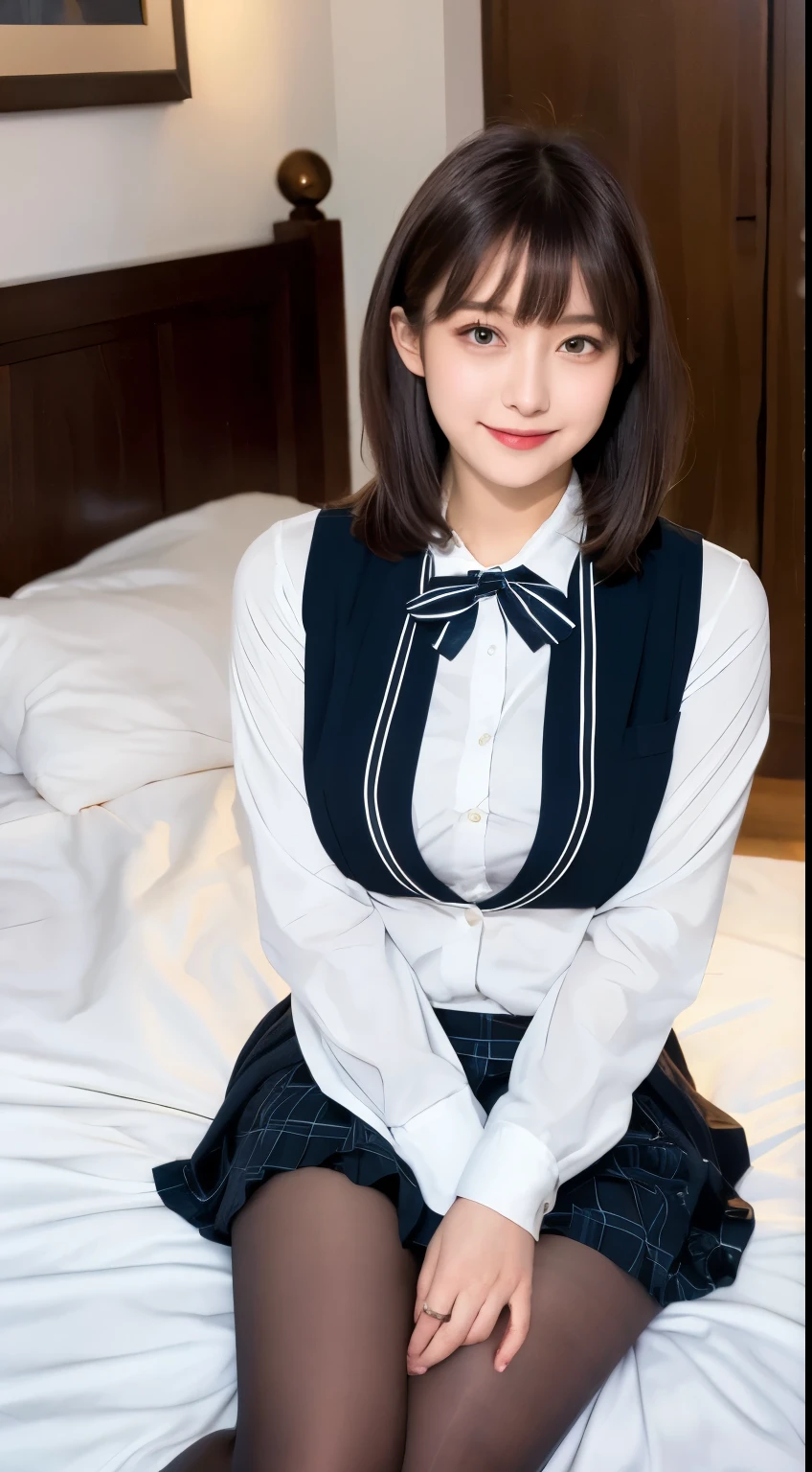 best image quality、realistically、Shining beautiful skin、1 female、Early 20s、bed、idol sculpture、school uniform、dark blue skirt、black stockings、white panties、smile at the camera、