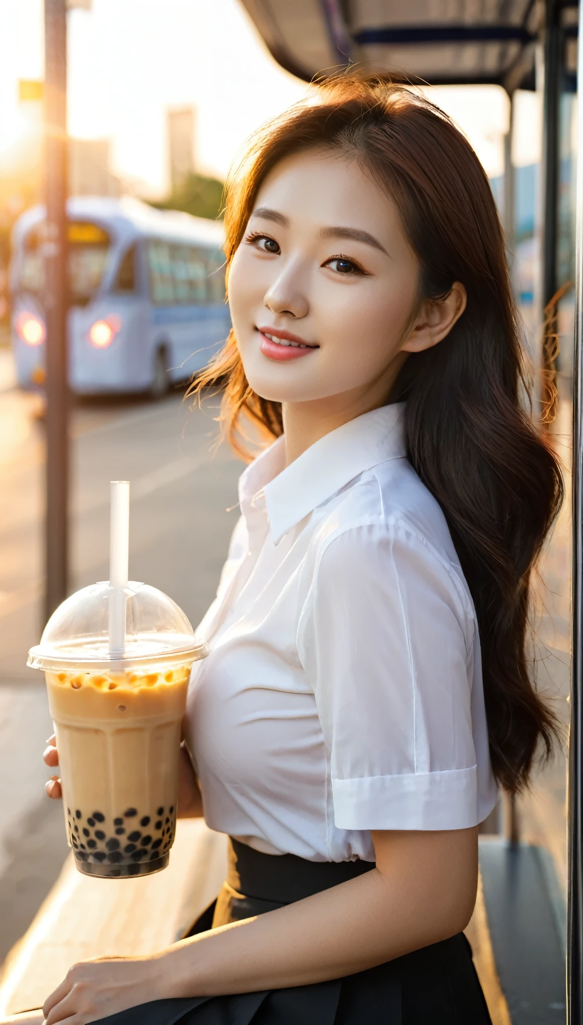 Close-up shot of beautiful korean female, 36 inch breasts size, slightly smile, wearing white short sleeve shirt with bottons, black skirt, drinking bubble tea, sitting a bus stop, sunset light, UHD