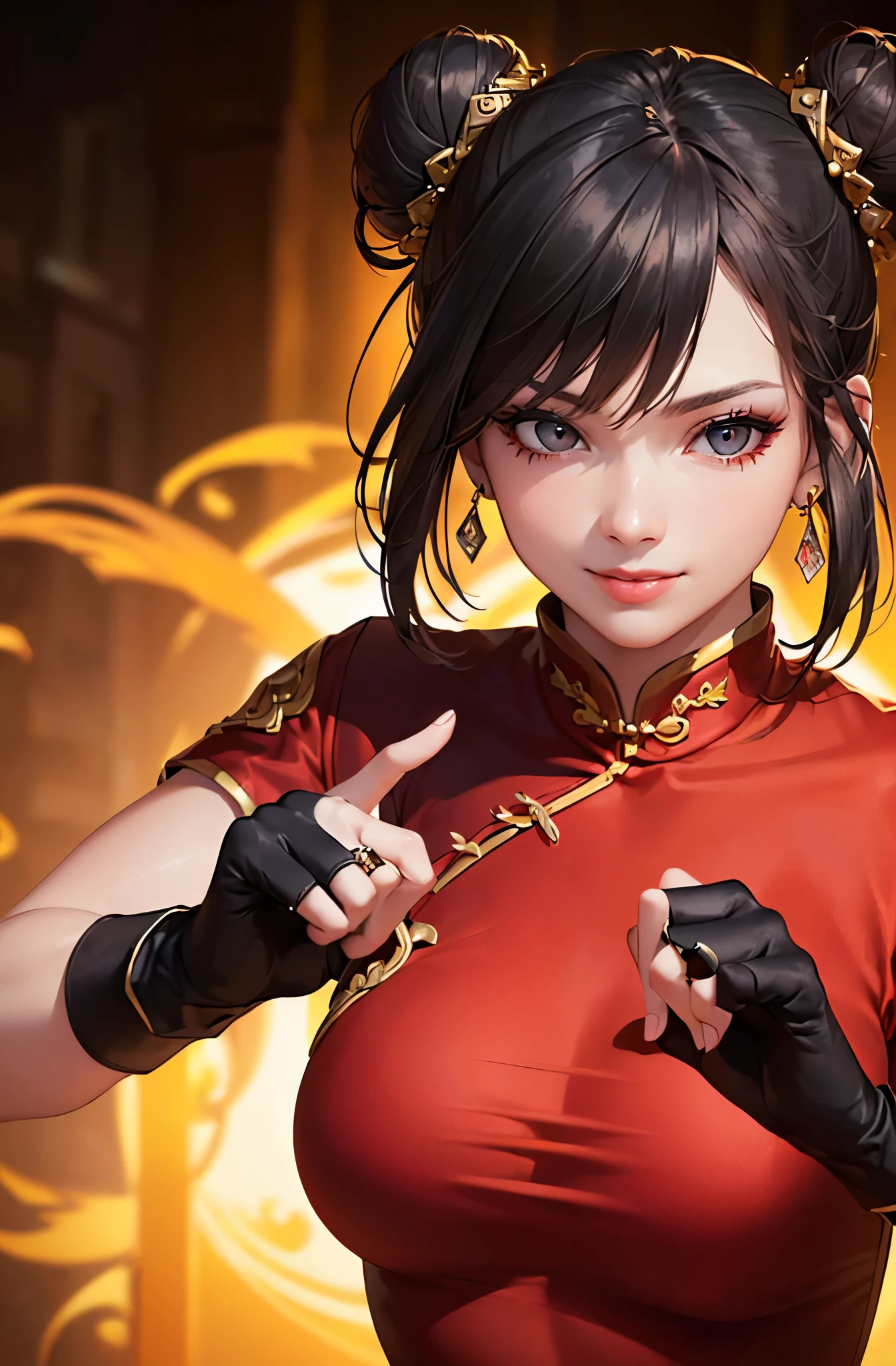 4K, A high resolution, Best quality at best, masterpiece, perfect colors, perfect shadow, perfect litthing, ((sportrait)), 1woman, fit-muscled body, bright yellow eyes,dark blue hair , blue eyes, With round lenses, The audience watched carefully, (s face: 1.2), Perfect female figure, ((standing)), ( beautiful red chinese dress-clad woman stands in the half-light, her cleavage accentuated by the sharp focus of the camera. The modern red chinese dress, adorned with intricate patterns), ((shy and looking at viewert)), (Perfect thick white eyebrows) Delicate fur, 详细s face, s the perfect face, chinese cyber punk background, lighting atmosphere, ((Bonifasko lighting)), (The round lenses on his eyes)(詳細な目), Perfect student, face close up