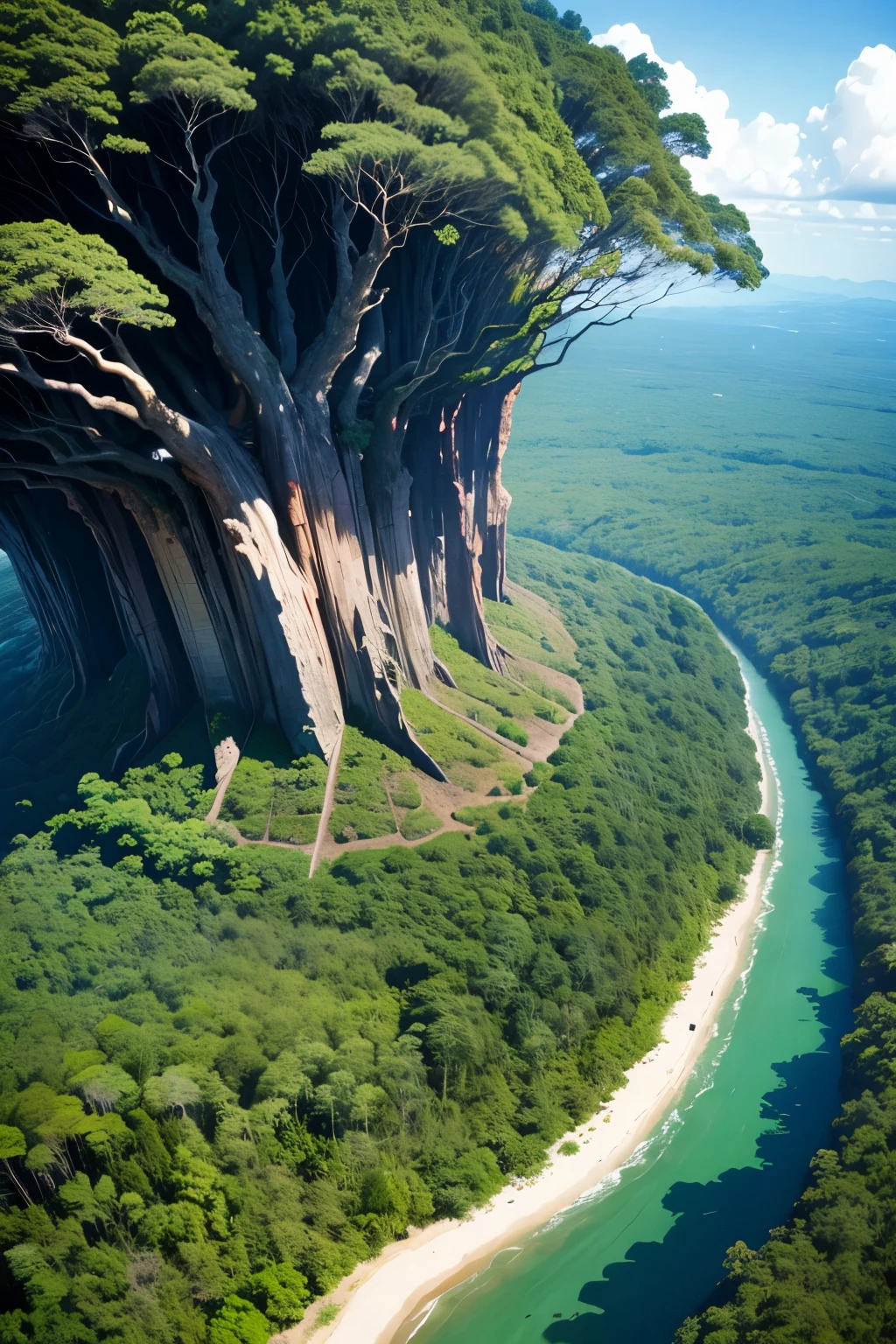 A beautiful tree in the center of a huge primordial forest, com rios e cachoeiras, being seen from the air at a 90º angle