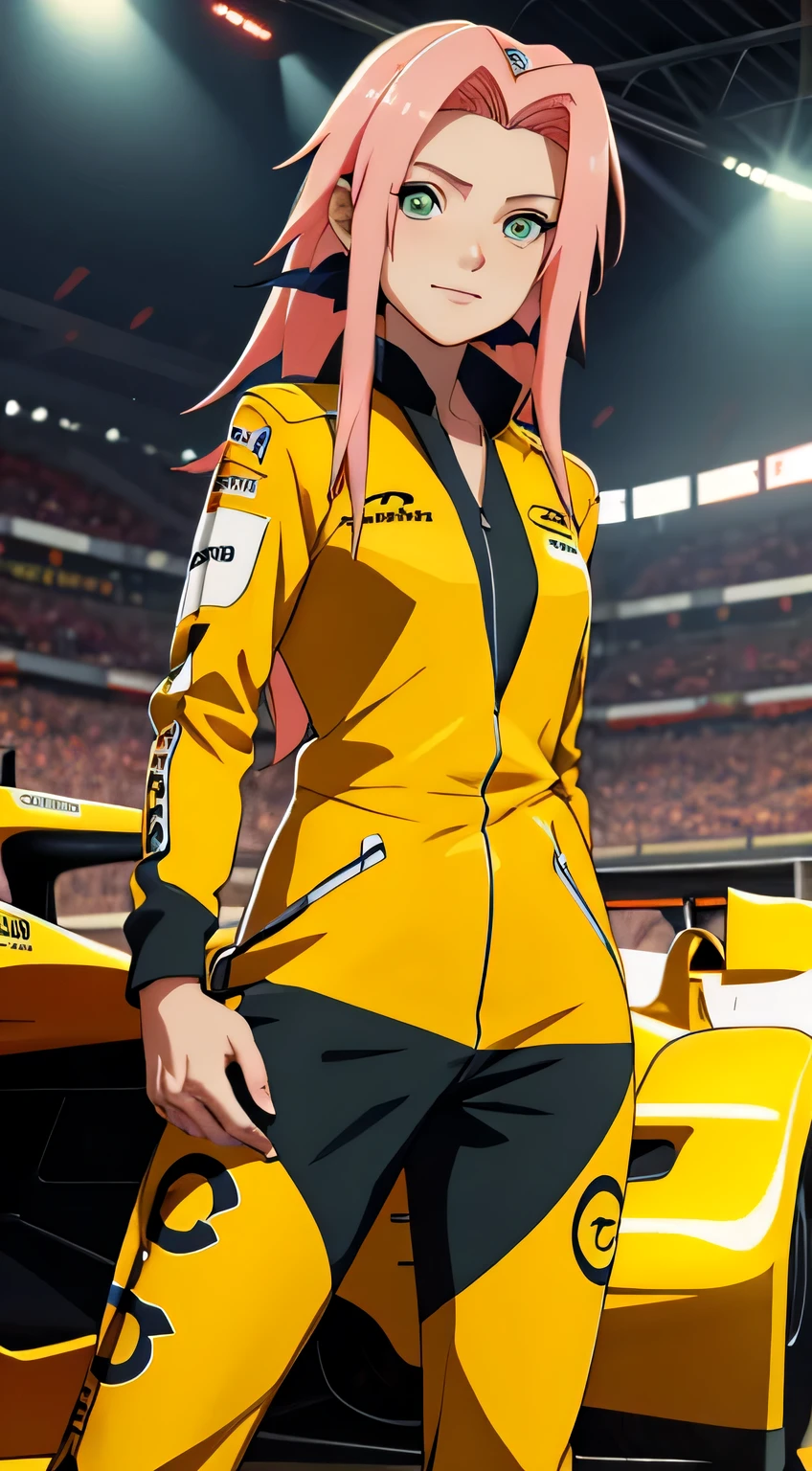 tmasterpiece, Best quality at best, 1girll, Sakura Haruno,Raised sexy,is shy,ssmile,with pink hair, long whitr hair, (Green eyeballs:1.4), Forehead protection, Pole Position, standing inside of her race car, anime style, bright colors, dynamic lighting, shiny finish, attention to detail, sparkling eyes, wearing yellow renault racing suit, in behind yellow formula racing car, exciting atmosphere, race helmet on the car, vivid expressions