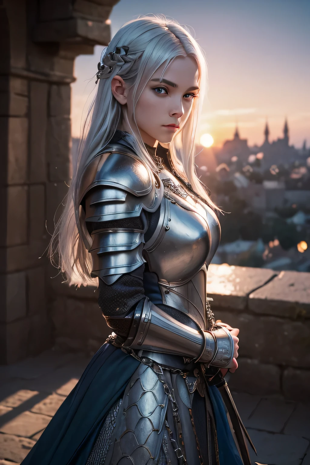 (masterpiece), (extremely complex:1.3), (actual), portrait of a girl, the most beautiful in the world, (medieval armor), metal reflection, Upper body, outdoor, strong sunlight, distant castle, Detailed professional photo of a stunning woman, sharp focus, dramatic, Award-winning, movie lighting, Unreal Engine Octane Rendering, Volumedtx, (film grain, blurred background, Blurred foreground, Bokeh, depth of field, Sunset, motion blur:1.3), chain mail, Silverhair,young woman, 18 years old, cold white skin, blue eyes, long sword, Gothic Plate, Plate
