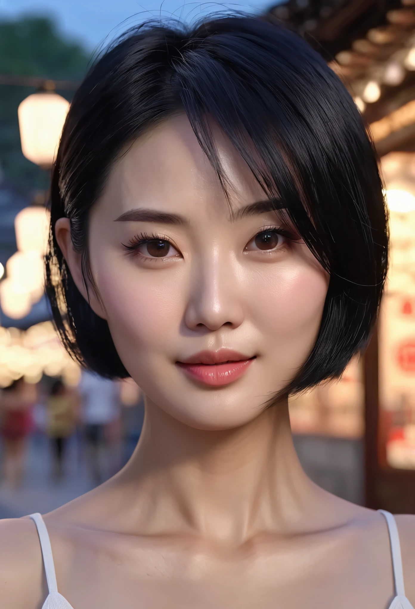 Short Hair Outdoor Fair Skin Chinese Woman, 35 years old, Soft and Face, black Hair, 8K Resolution, Ultra Realistic, Super Definition, Soft Body Toned Ass Night, A Cup Small ((Highest Definition, 8k, Masterpiece: 1.3)), Super Definition Face, Super Definition Lips, Fine Eyes, Double Eyelids