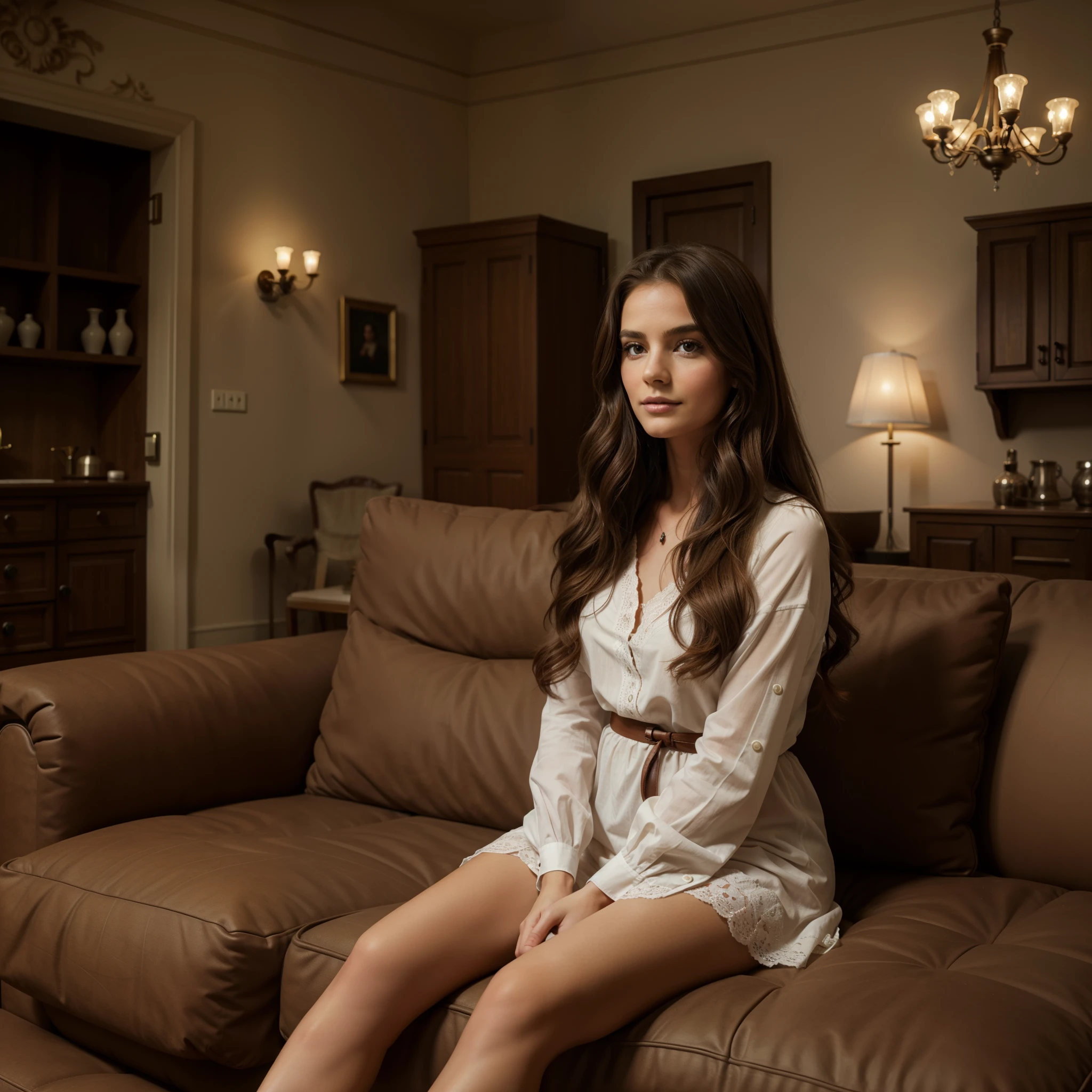 visage, long_cheveux, wavy hair, brown hair, magnifique, Fille de la ville, clivage, occidental, chemise rouge et mini jupe , fille chaude, sitting on the sofa (Masterpiece), Best quality, High resolution, Extremely detailed, Interior background, profondeur de champ, lighting cinematic,