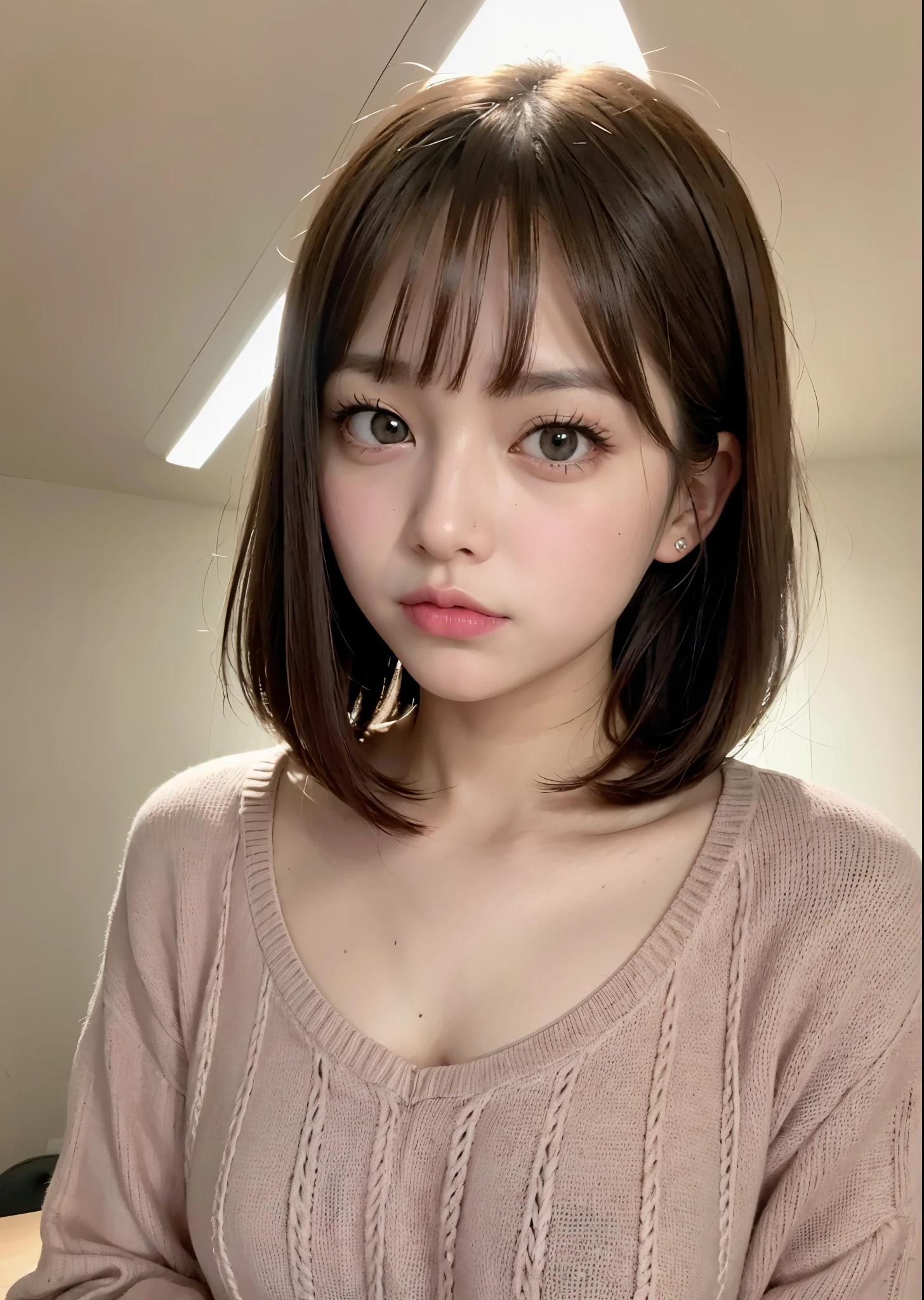 A woman with a slightly angry look on her face、cute woman、big eyes、brown hair with bangs、(small breasts:1.3)、wearing a thick pink sweater、Portrait、perfect lighting、sharp focus、High resolution、High resolution、High color rendering、High resolution、Super realistic、photo-realistic