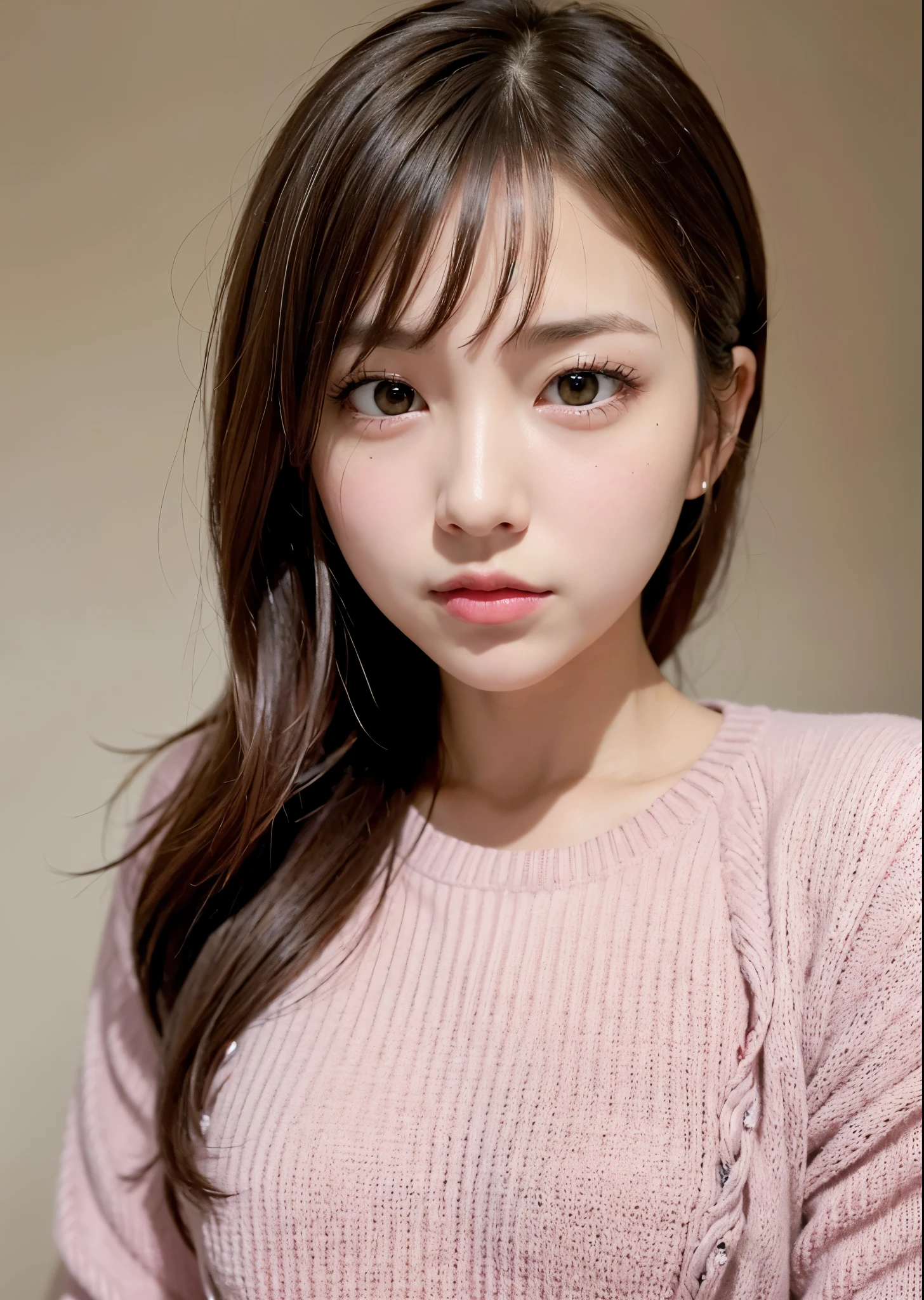 A woman with a slightly angry look on her face、cute woman、big eyes、brown hair with bangs、(small breasts:1.3)、wearing a thick pink sweater、Portrait、perfect lighting、sharp focus、High resolution、High resolution、High color rendering、High resolution、Super realistic、photo-realistic