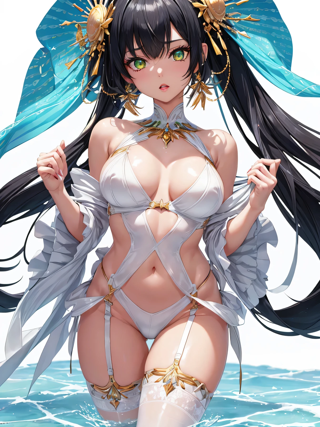 nsfw:1.1, high resolution:1.7, incredibly absurdres, kawaii:1, cute:1.5, hires.fix, anime visual:1, incredibly fine illustration,8k,masterpiece:1.2,best quality, high quality, exquisite, beautiful, insanely detailed, intricate detailed, extremely detailed, Super Definition, ultra high res, Super Resolution, best aesthetic, ultra detailed:1.5, best quality, perfect face, detailed face, masterpiece:1.2, illustration:1.2, 8k cg wallpaper, stunning art,absurdres,octane render,ultra hires,Japanese Actress,(Idol),18yo,Beautiful,(Cute and lovely),cute girl,((anime elf with extremely cute and beautiful black hair)),long hair,hime_cut,((((black hair:1.35,colored inner hair,ear breathing)))),(((green_eyes:1.3))),intricate eyes,beautiful detailed eyes,symmetrical eyes,big eyes:1.5,enchanting bright eyes studded with gold and silver dust,(((pinky skin,glowing_skin,lustrous skin:1.5,bright skin: 1.5,skin tanned,shiny skin,very shiny skin,shiny body,plastic glitter skin,exaggerated shiny skin,illuminated skin))),upward breasts,waist slender,(detailed body,(detailed face)),cute,daring,zettai ryouiki,show skin,best relationship with four fingers and one thumb,Very Fine Face and Eyes,Very Fine Hair,(Perfect Anatomy),((girl trembling with sexual climax)),Garter Belt,Bare shoulders,Check out our thru-rack chokers and midi rings with chains,((white background:1.5)=5),(bottle bottom:0.9),1 girl,mid shot,full body, (mecha wing, mecha leg, mecha hand),((short white hair)),asymmetrical bangs,insanely detailed face and eyes, Perfect lips, butterflies,floating petal,stone fragment,beautiful detailed water,cloud, sun, dusk,sunset, beautiful detailed cloud,ocean,sea waves,water splashes,dramatic,cinematic lighting,fine expression,fine detail,fantasy art,illustration, masterpiece, digital art,drawing,in the style of Yusuke Murata.