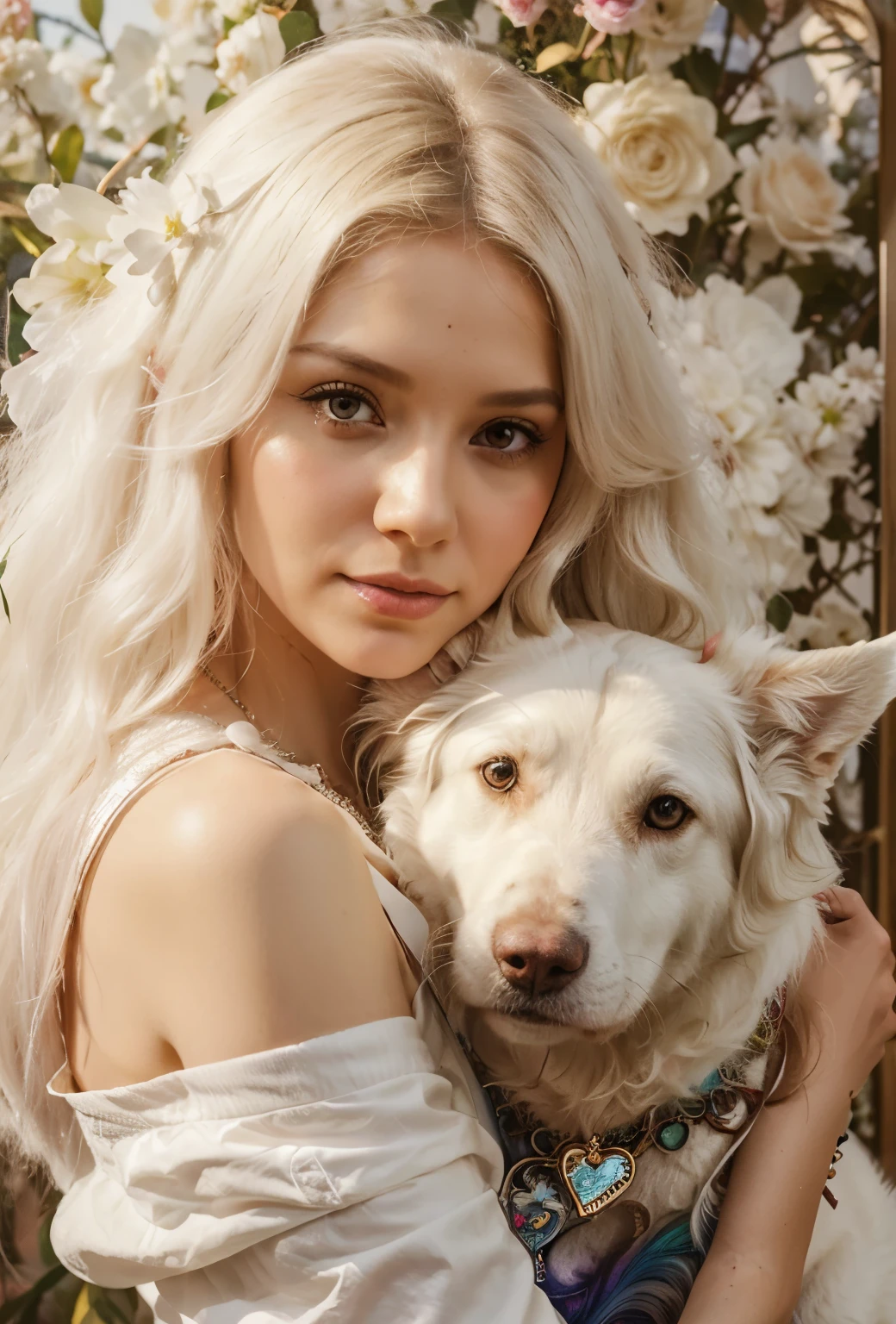 Picture of a woman with long hair, hugging a white dog, colorful digital fantasy art, Beeple and Jeremiah Ketner, Anna Dittman, just a joke, in style of Anna Dittmann, beautiful artwork illustration, Anna Dittman, beautiful portrait in fantasy style, colorful illustration, inspired Anna Dittman, beautiful art uhd 4k