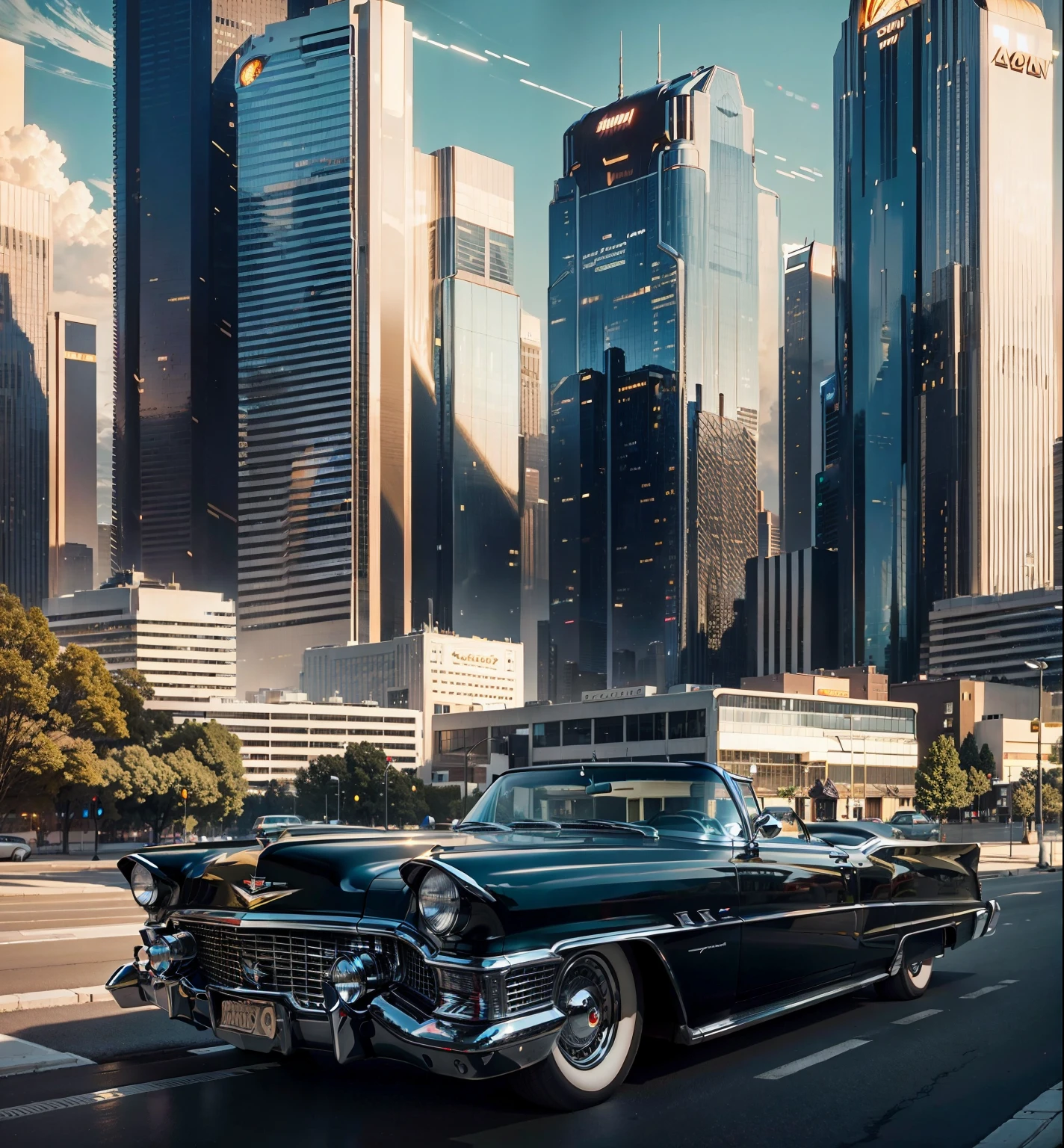 A beautiful Black Cadillac of exposition  car headlights on in the foreground, in the background is a sci fi city with a lot of buildings lights on and a giant sun in the sky