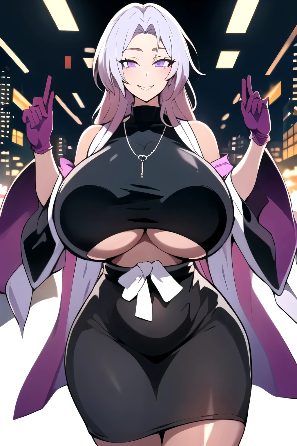 masterpiece, best quality, matsumoto rangiku, beautiful lighting, ((white hair: 1.1)), long hair, turtleneck, crop top, pencil skirt, underboob, necklace, gigantic breasts, (violet eyes: 1.1), standing, looking at viewer, smile, japanese architecture, cowboy shot, shiny skin, gigantic breasts, curvy, seductive smile, bare shoulders, elbow gloves, glowing eyes, Bright eyes,